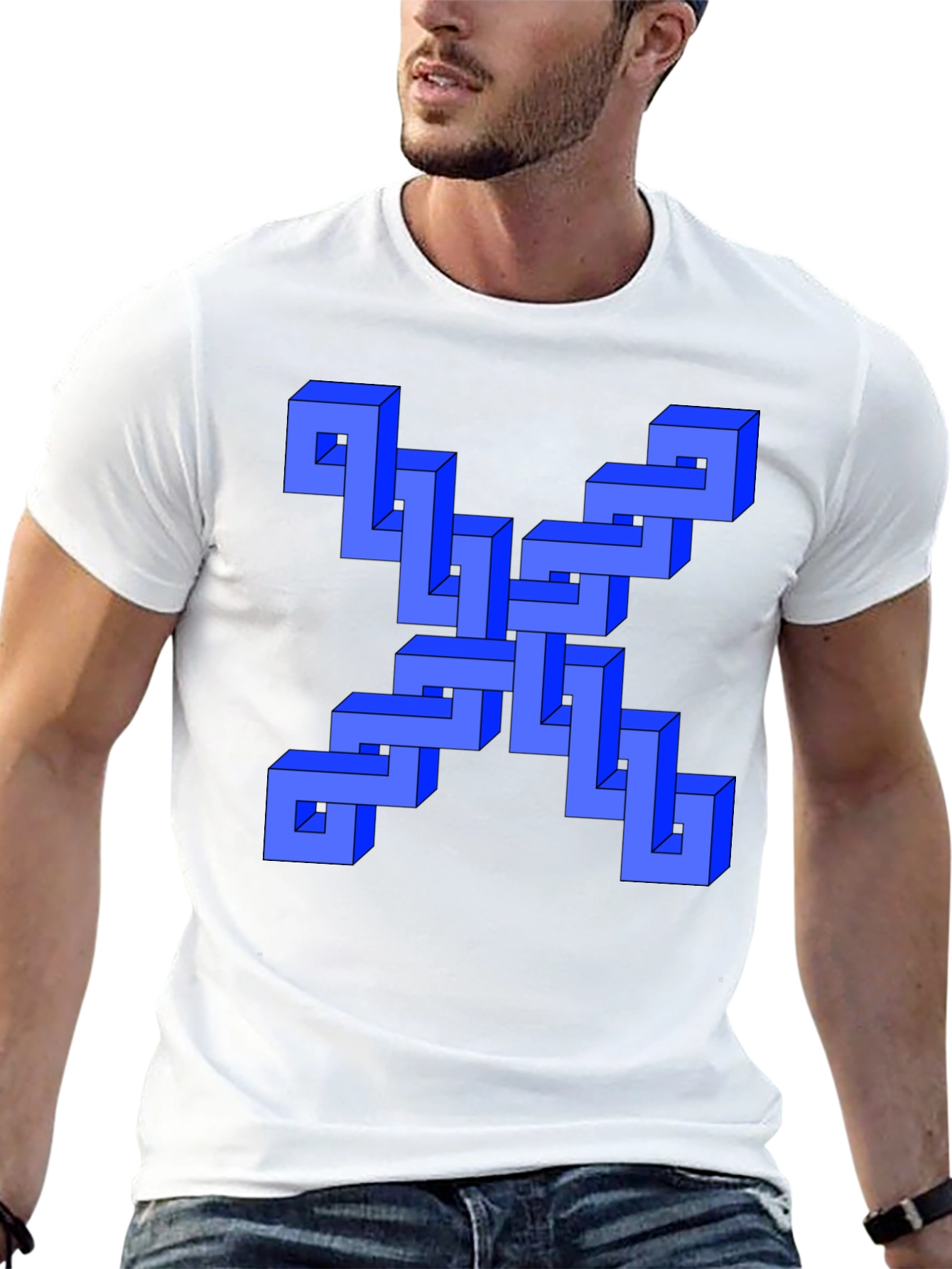 Optical Illusion Blue Cube Design Black T-Shirt