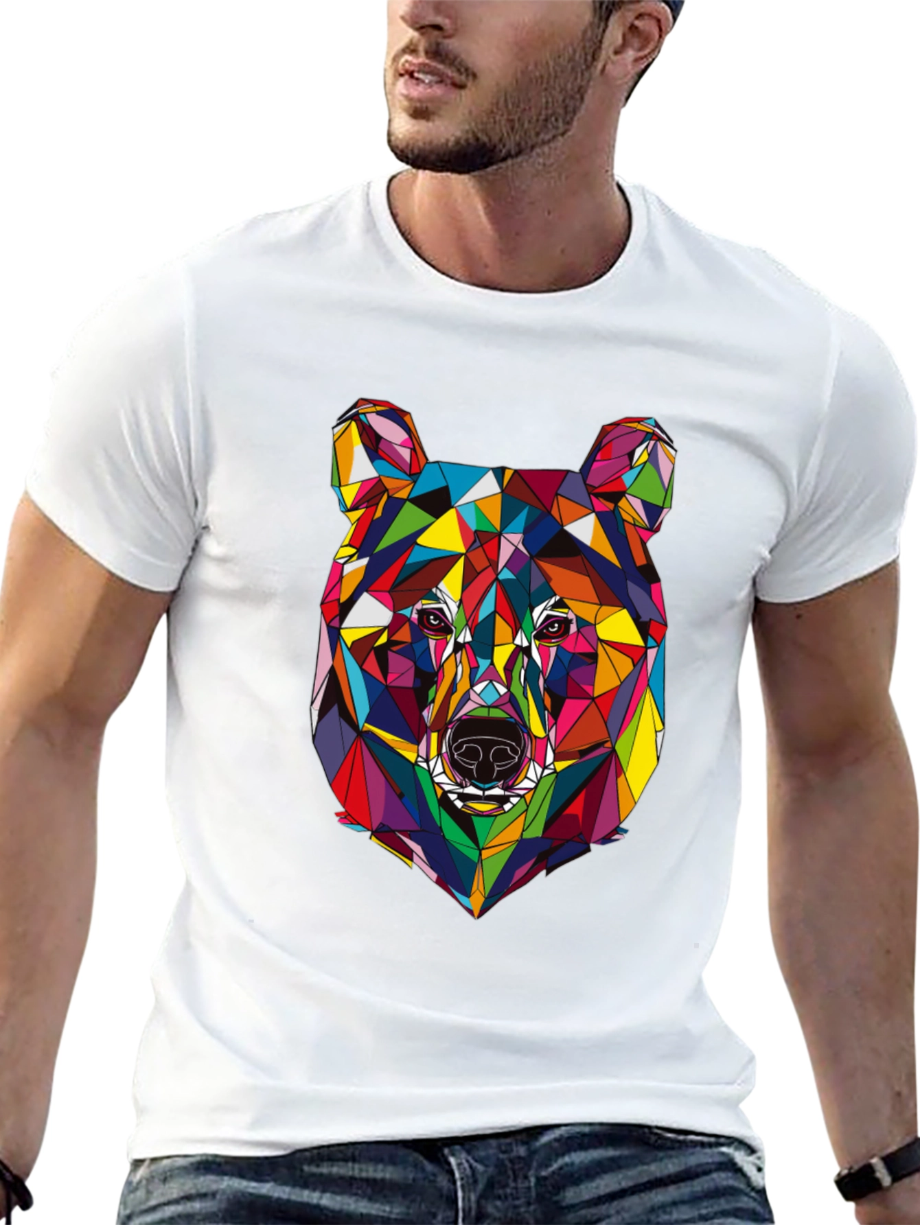 Geometric Bear Graphic Tee - Modern Mens Black T-Shirt