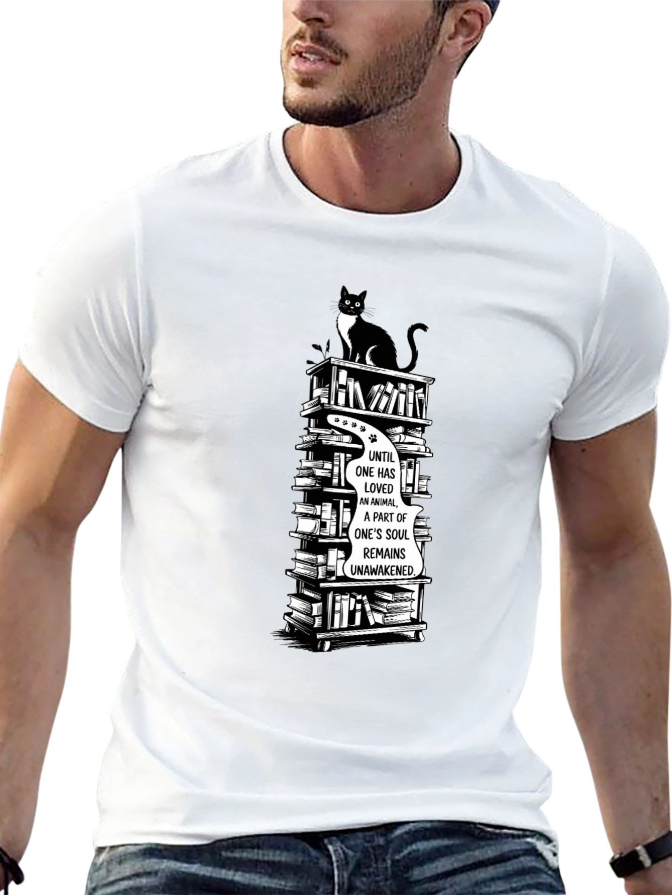 Cat Lover T-Shirt with Book Stack Design