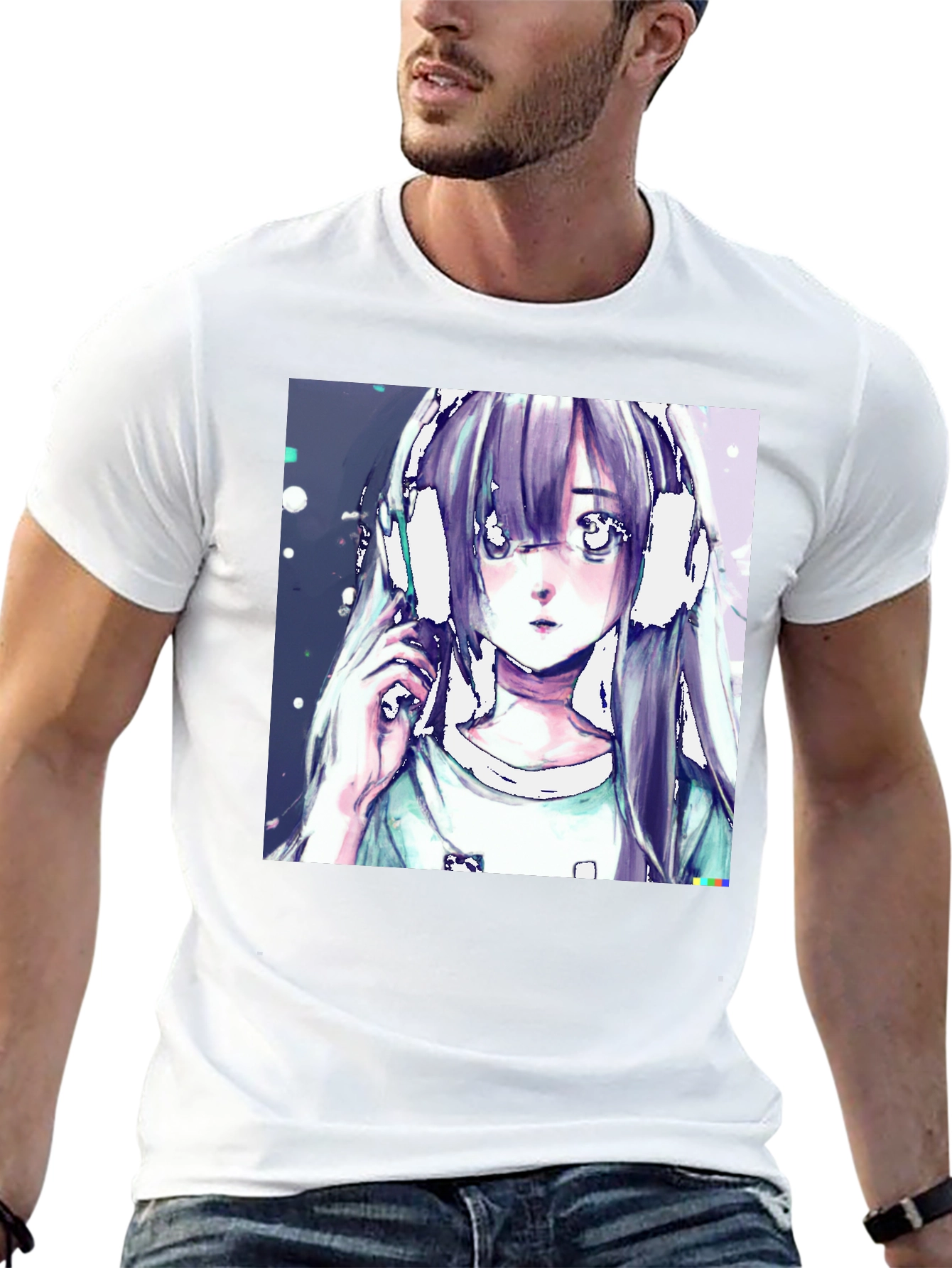 Anime Girl Headphones Graphic Black T-Shirt