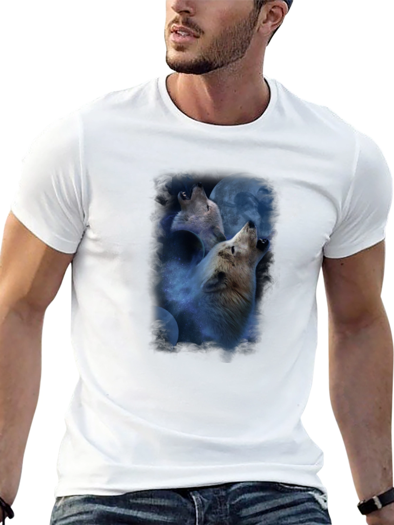 Wolves Howling at Moon Graphic Tee - Black