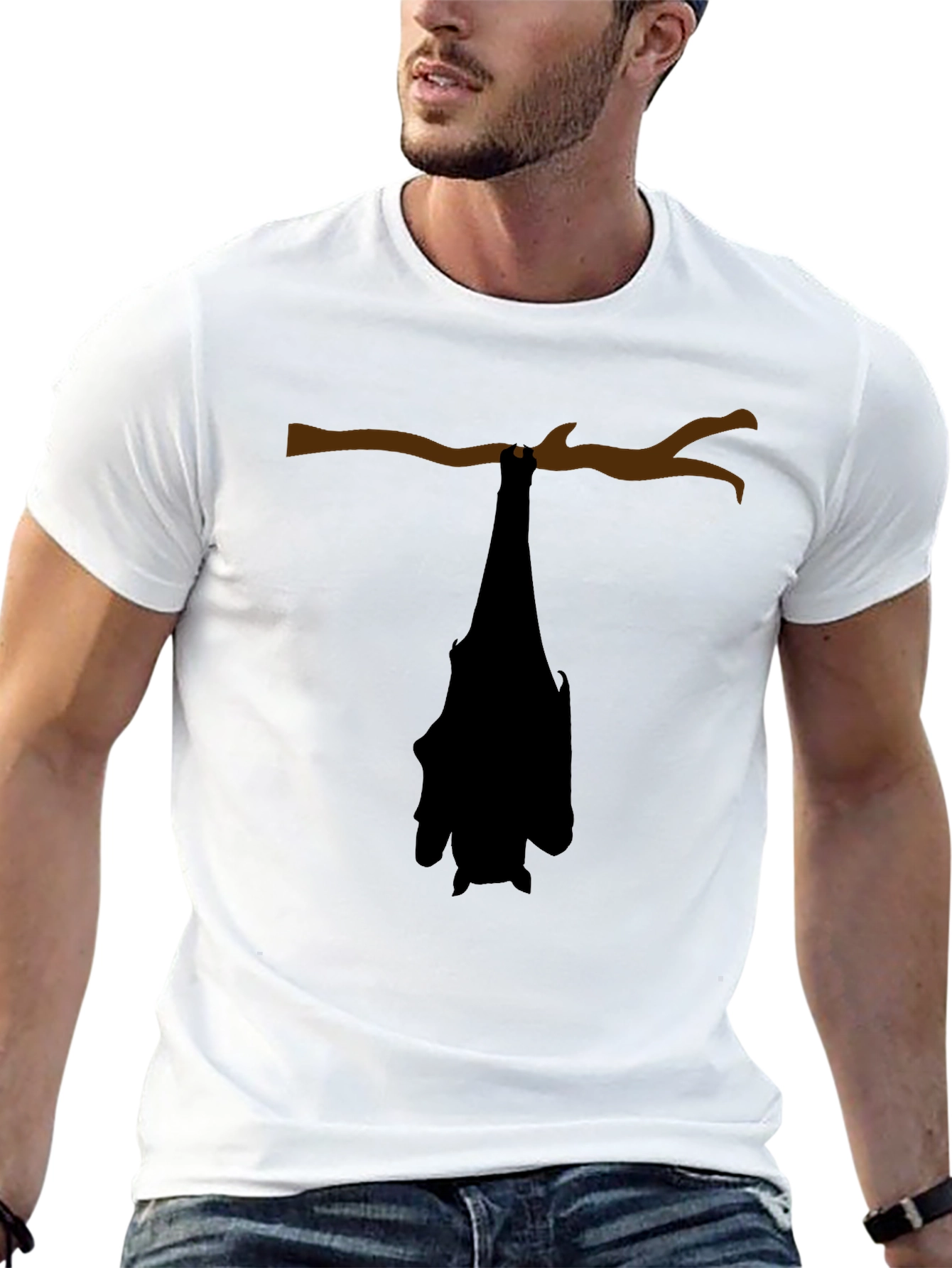 Hanging Bat Graphic Tee - Black Cotton Casual Top