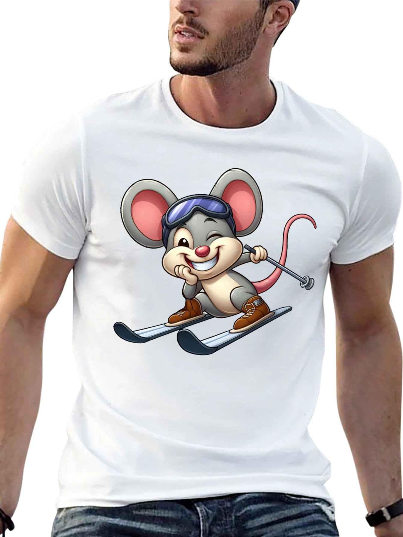 Skiing Mouse Graphic Tee - Fun Black T-Shirt