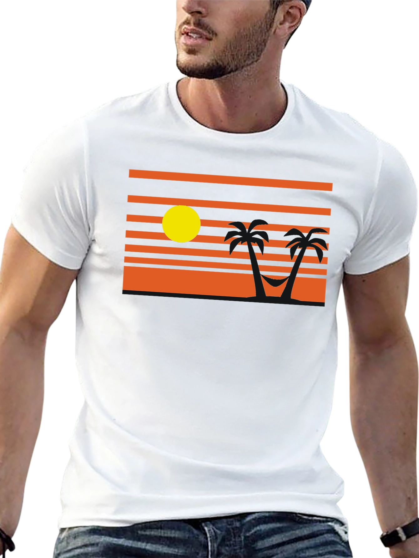 Sunset Beach T-Shirt - Relaxed Palm Tree Hammock Design