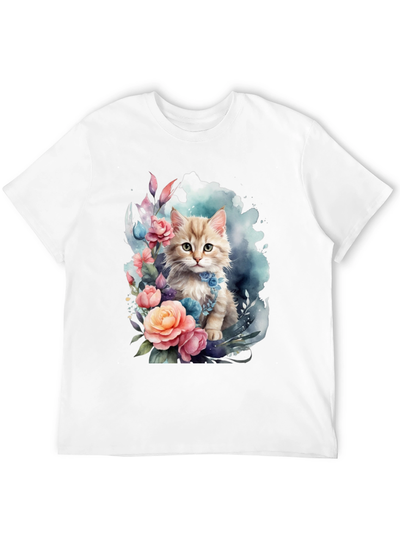 Floral Cat Graphic Tee - Soft Black T-Shirt