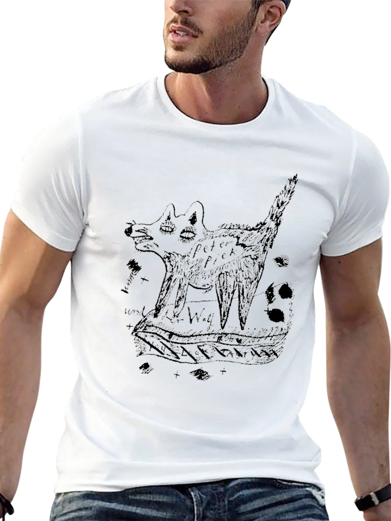 Abstract Graphic Wolf Print Black T-Shirt