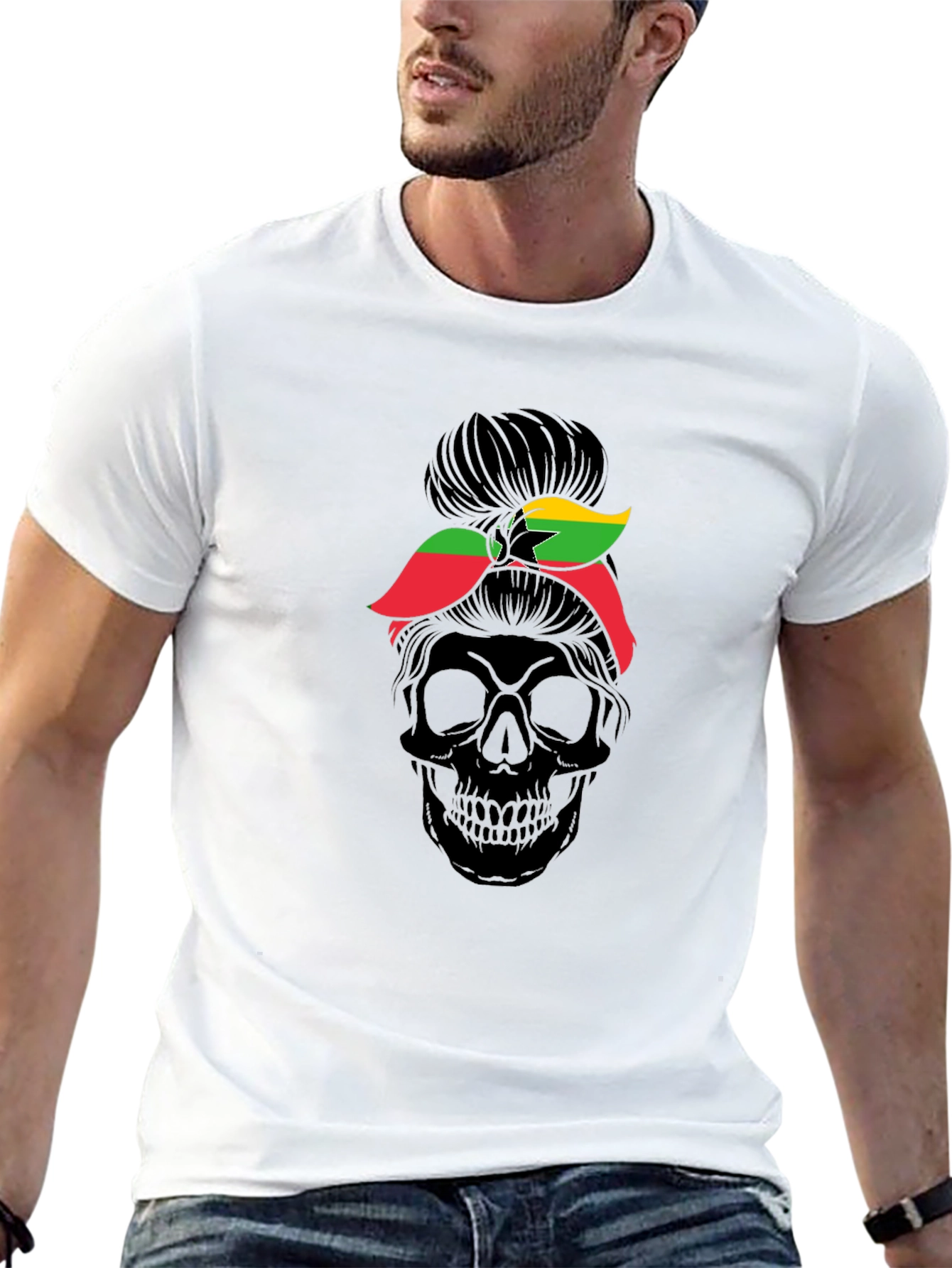 Skull Messy Bun Ghana Flag T-Shirt