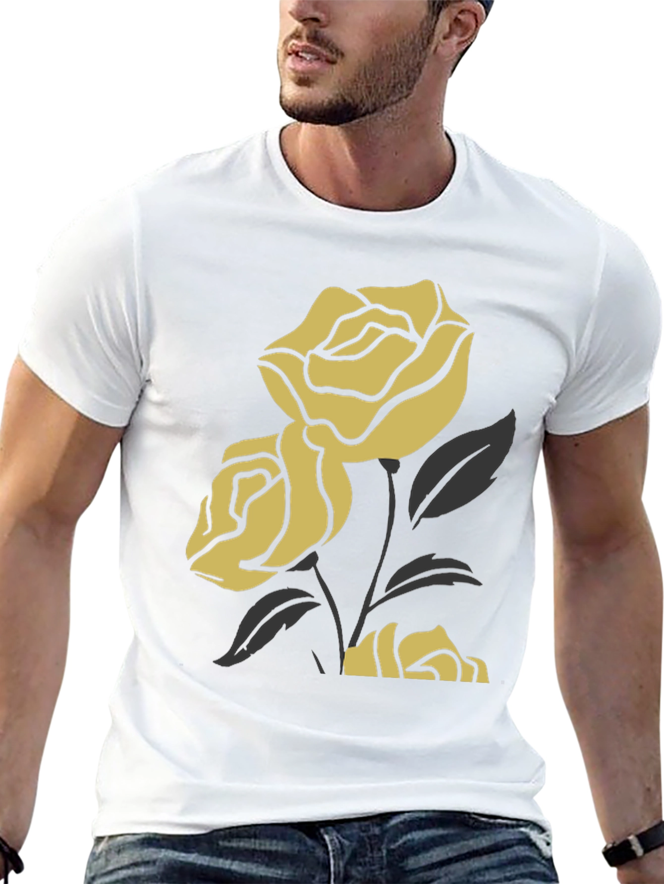 Black T-Shirt with Gold Rose Design