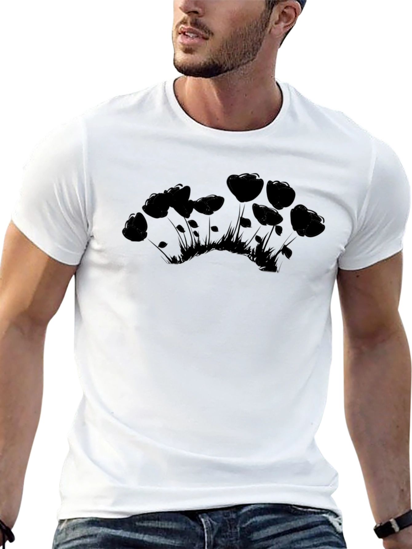 Black T-Shirt with Flower Silhouette Design
