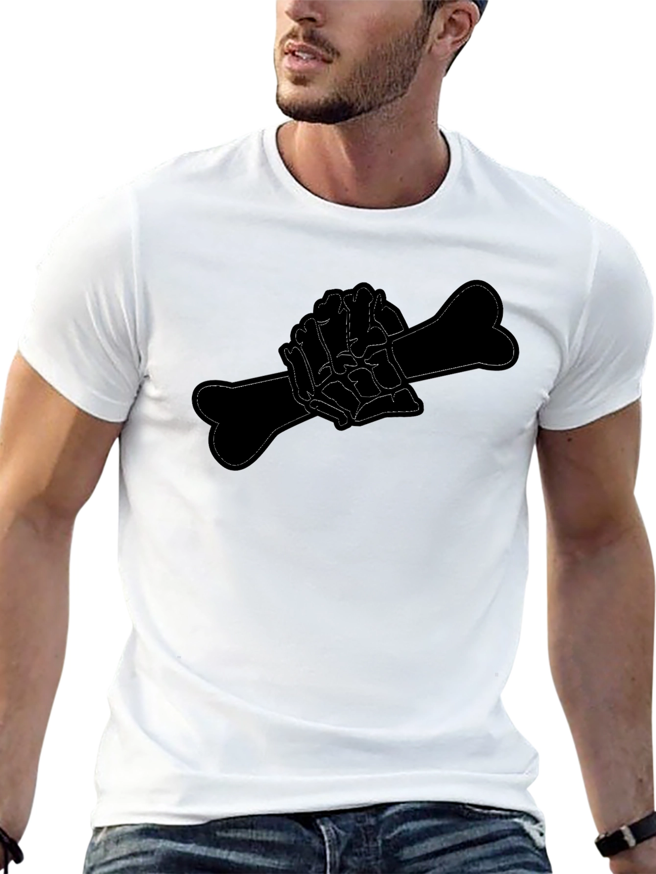 Black Tee with Bone Hand Design