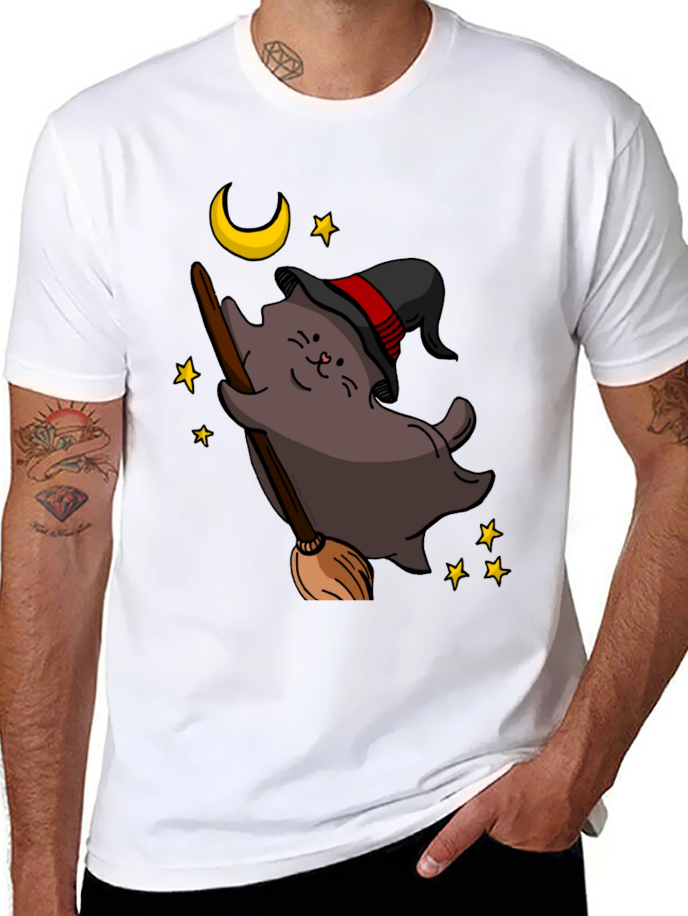 Halloween Cat Witch T-Shirt - Broom and Moon