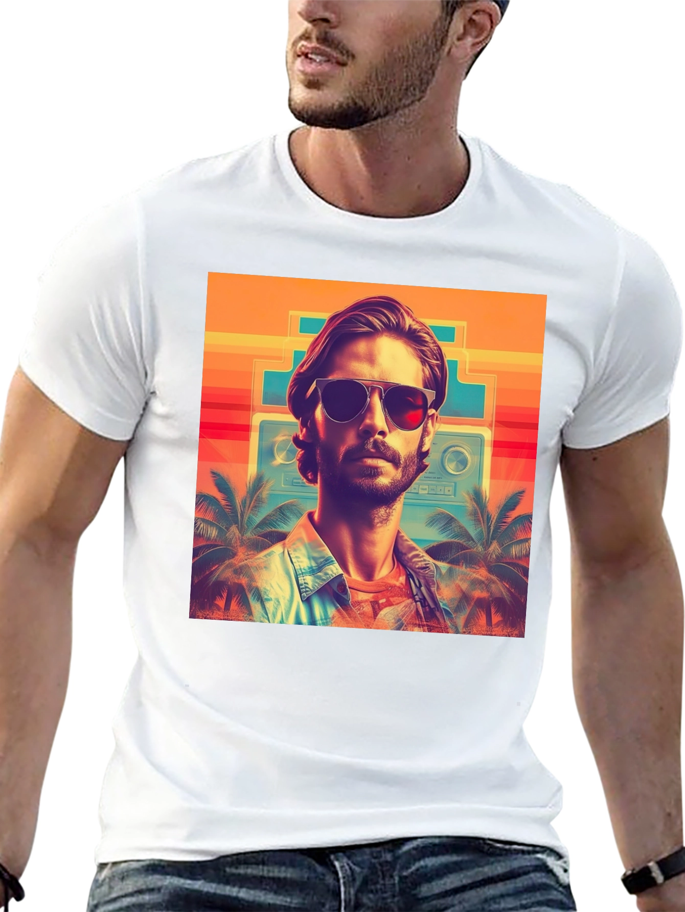 Retro Vibes T-Shirt - Tropical Synthwave Design