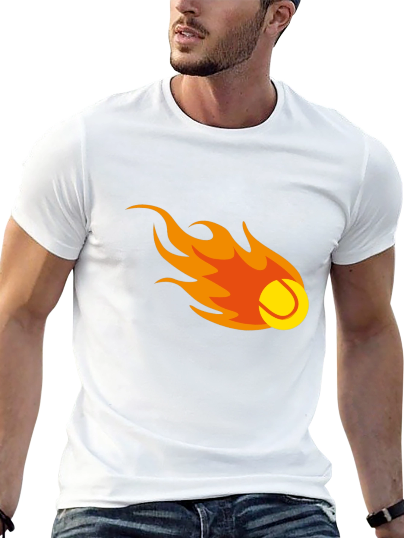 Flaming Tennis Ball Graphic Tee - Black Cotton T-Shirt