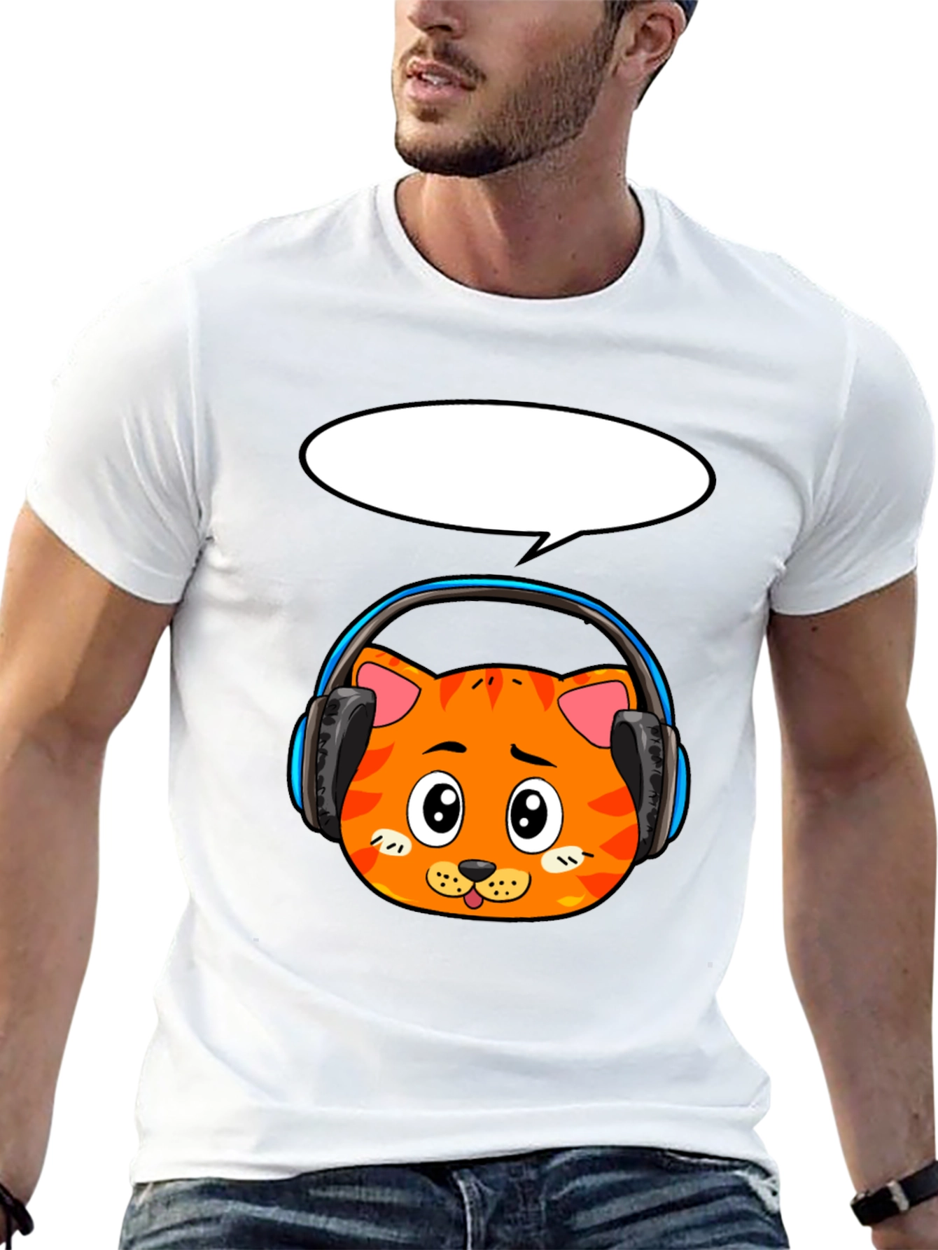 Cartoon Cat in Headphones Graphic Tee