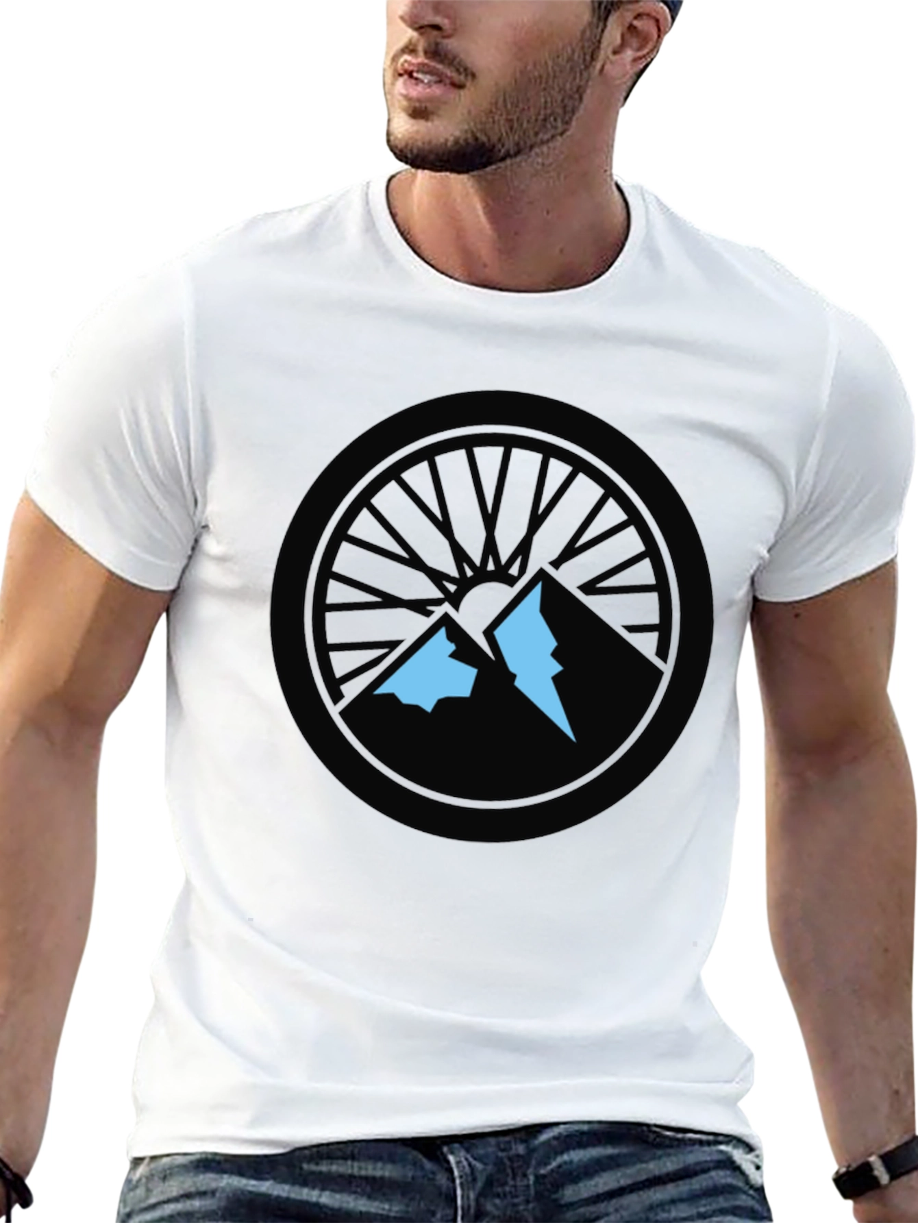 Mountain Biking T-Shirt - Wheel and Peaks Design