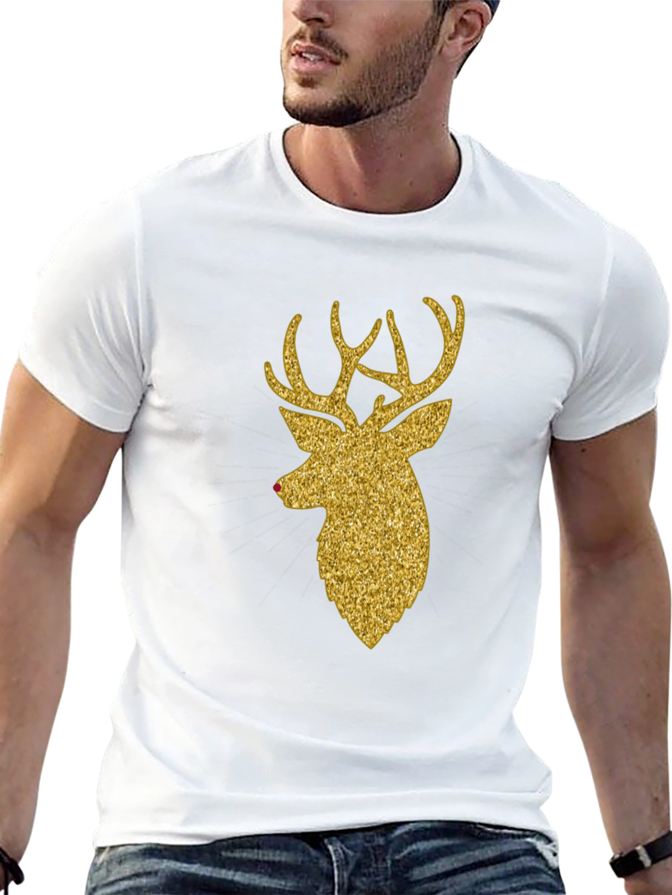 Gold Glitter Reindeer Christmas T-Shirt