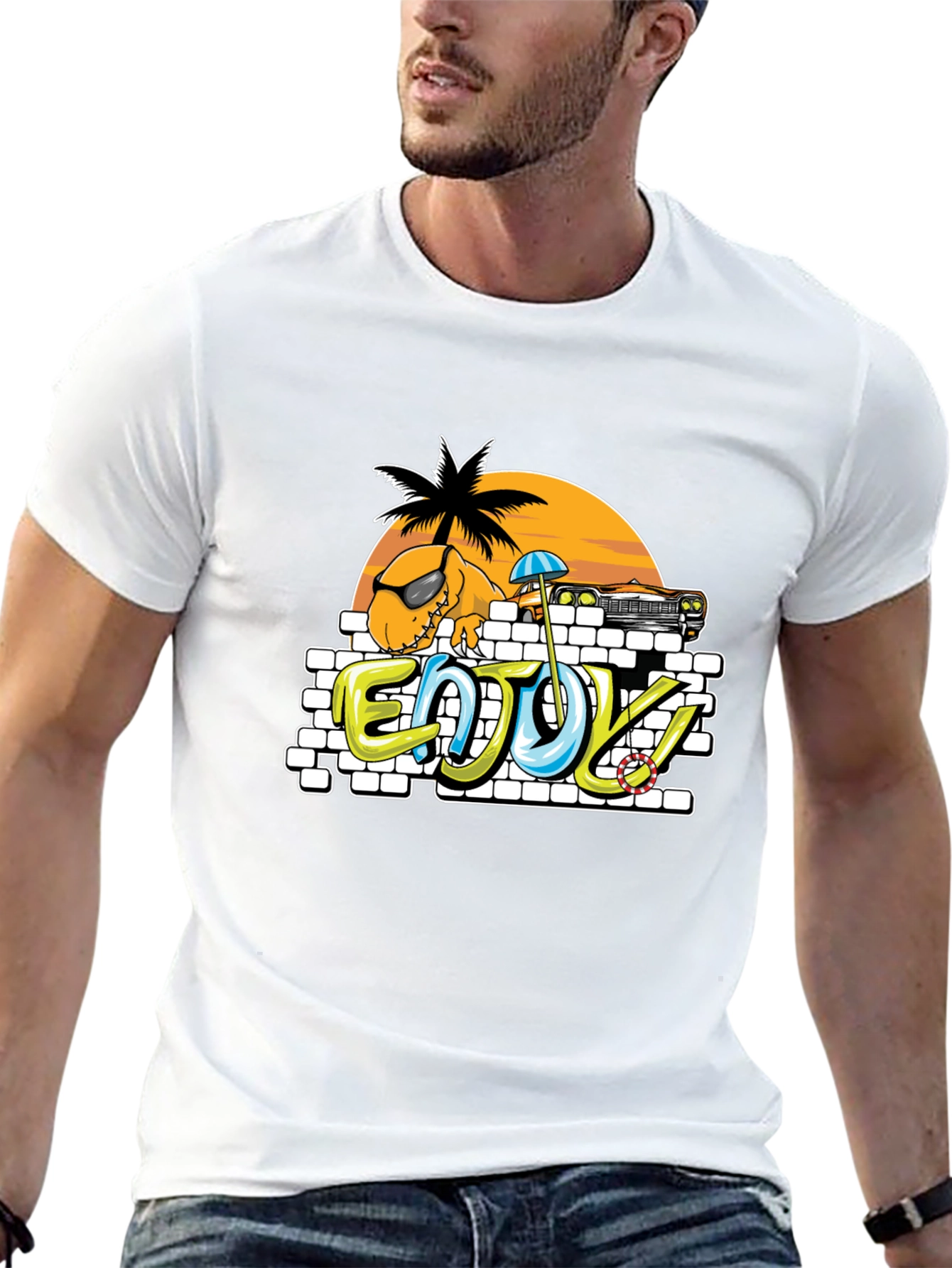 Dinosaur Beach T-Shirt - Enjoy! Black Tee