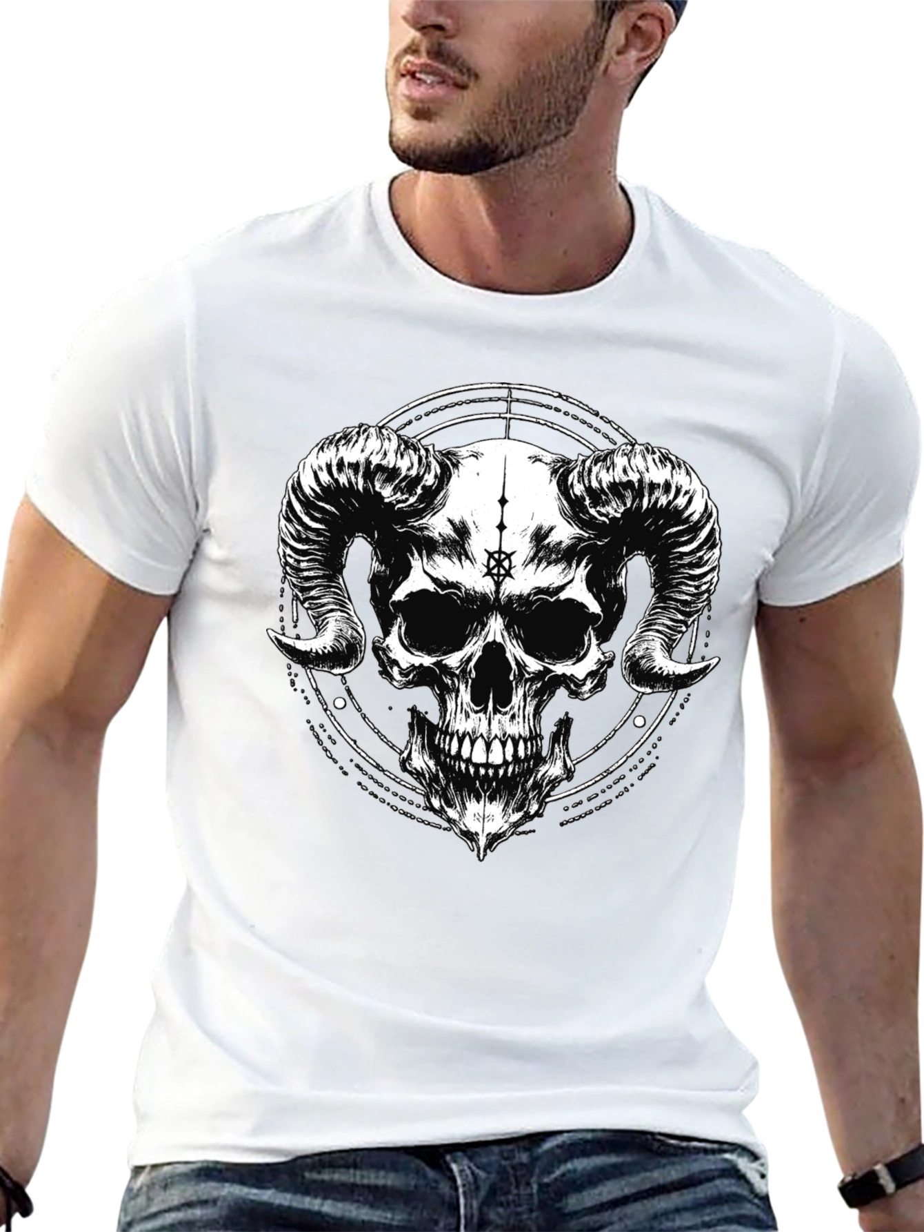 Dark Skull Horns Graphic Black T-Shirt