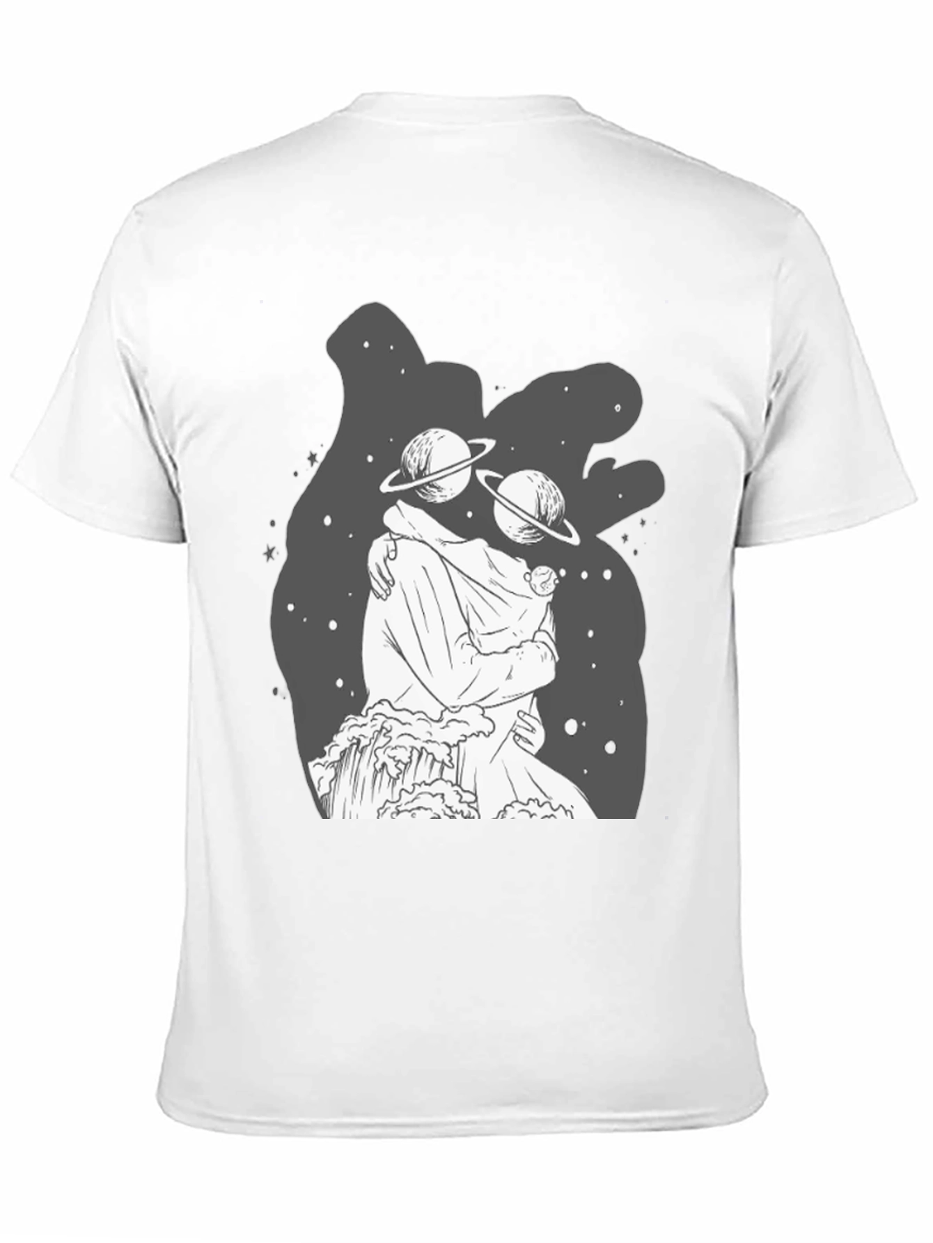 Cosmic Embrace Black T-Shirt: Celestial Love Design