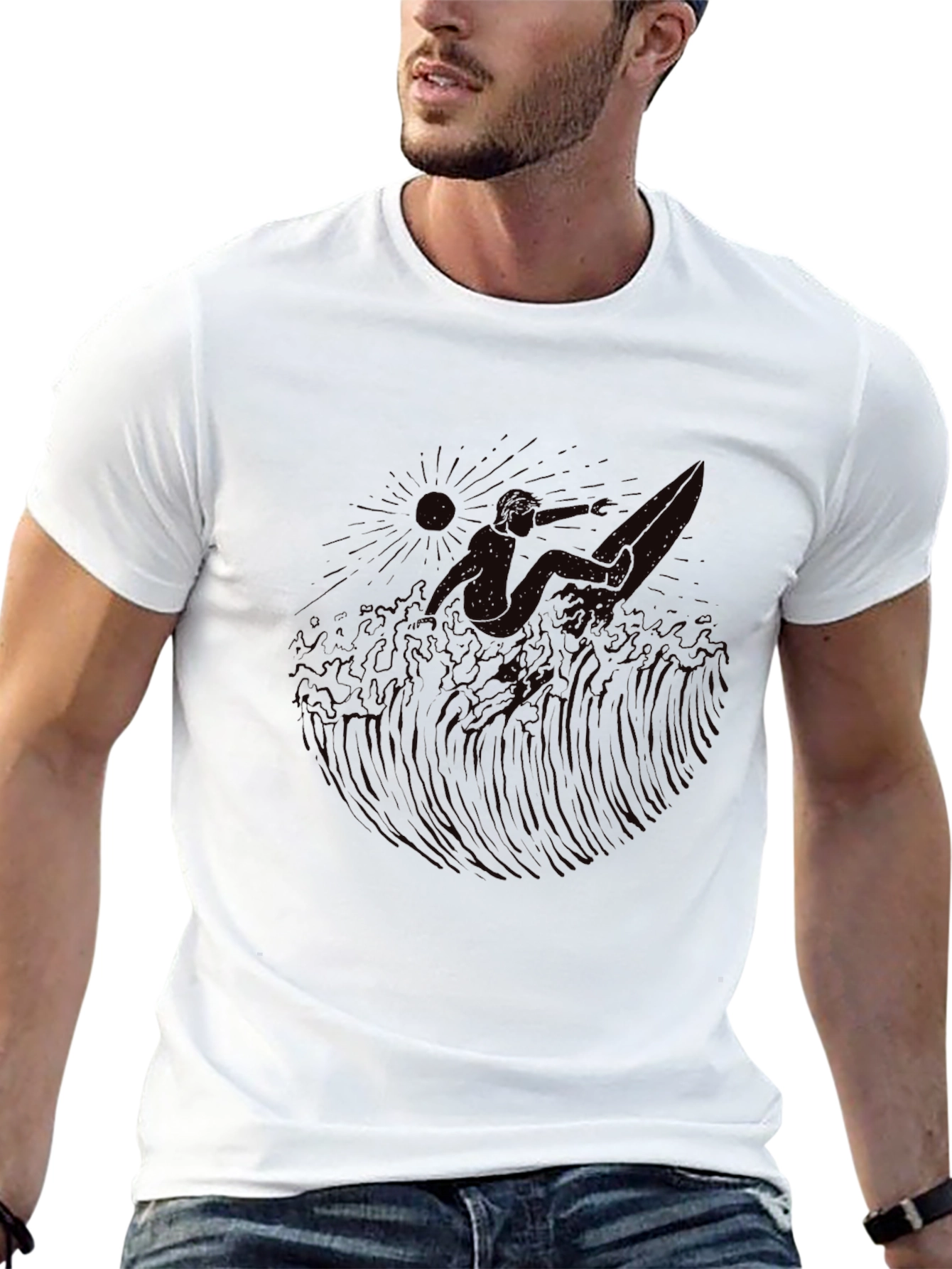 Surfing Wave Graphic Tee - Black Cotton T-Shirt