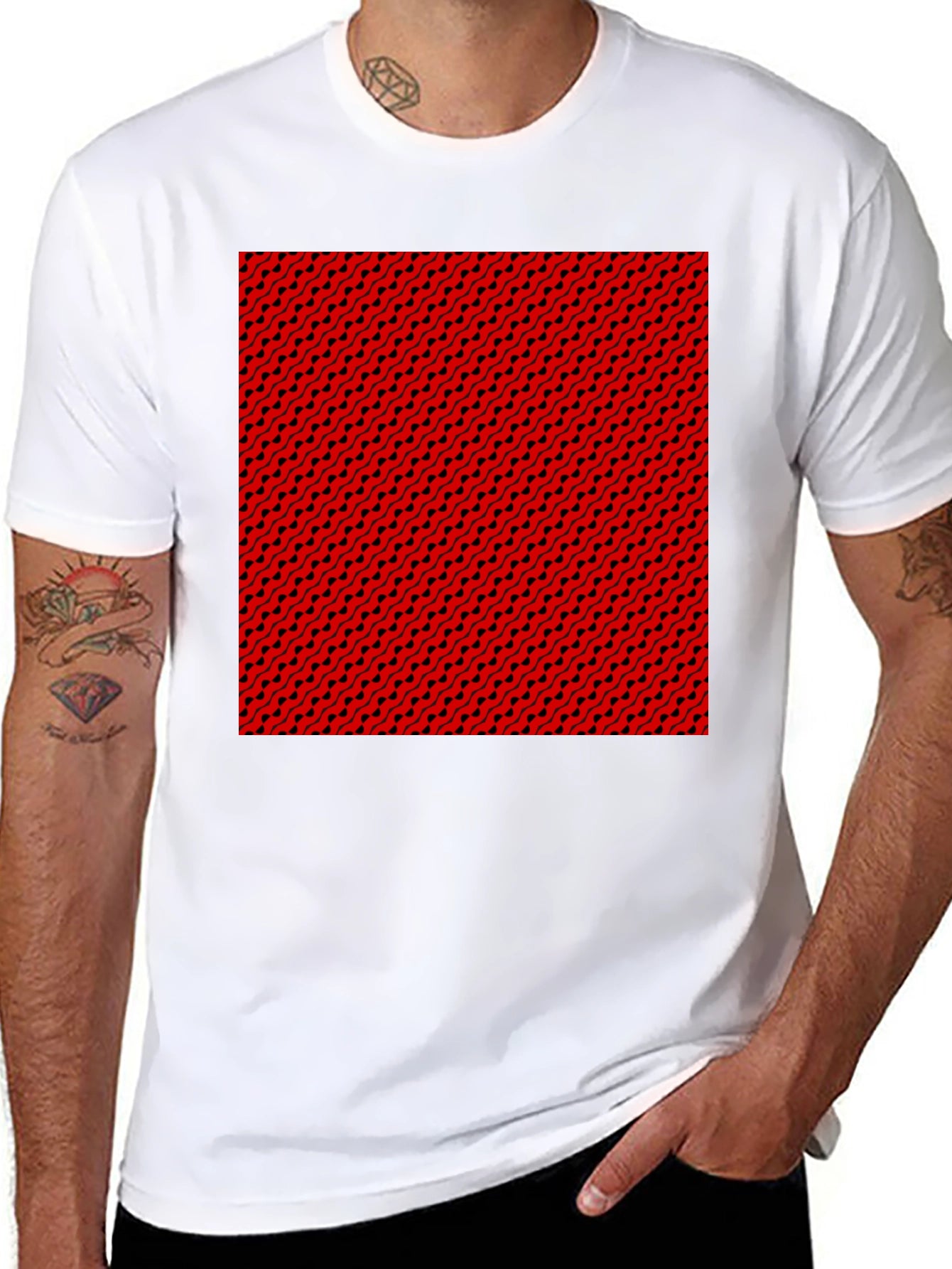 Stylish Black Tee with Red & Black Pattern