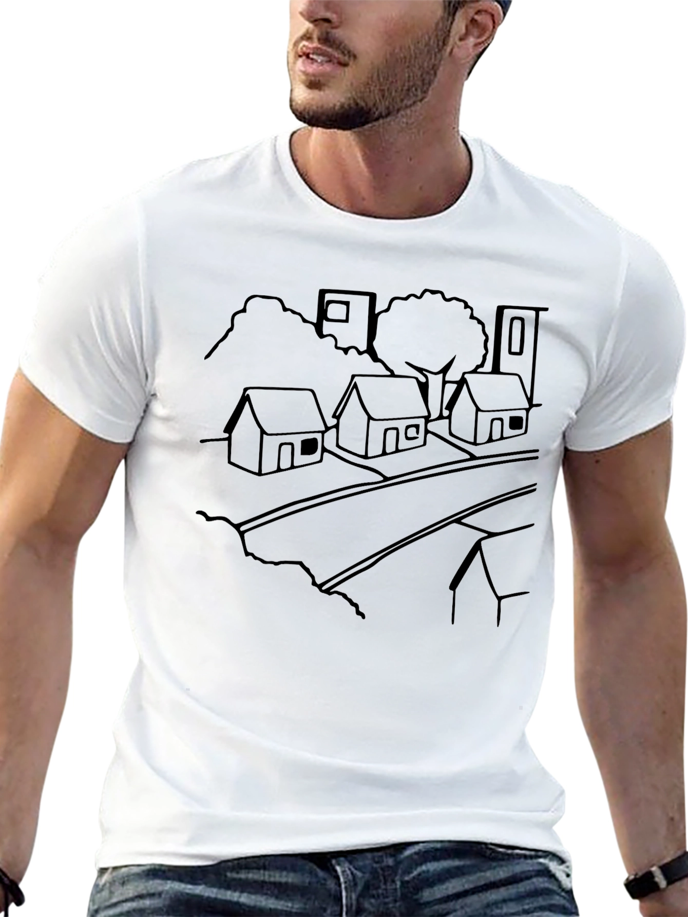 Black T-Shirt with Village Outline Design