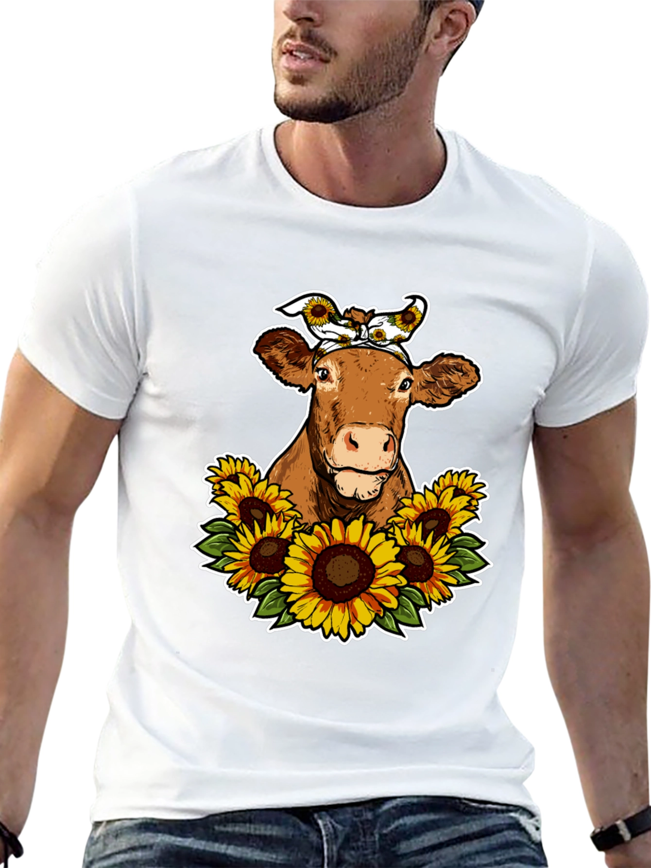 Cow Sunflower Graphic Tee - Cute Farm Animal Shirt