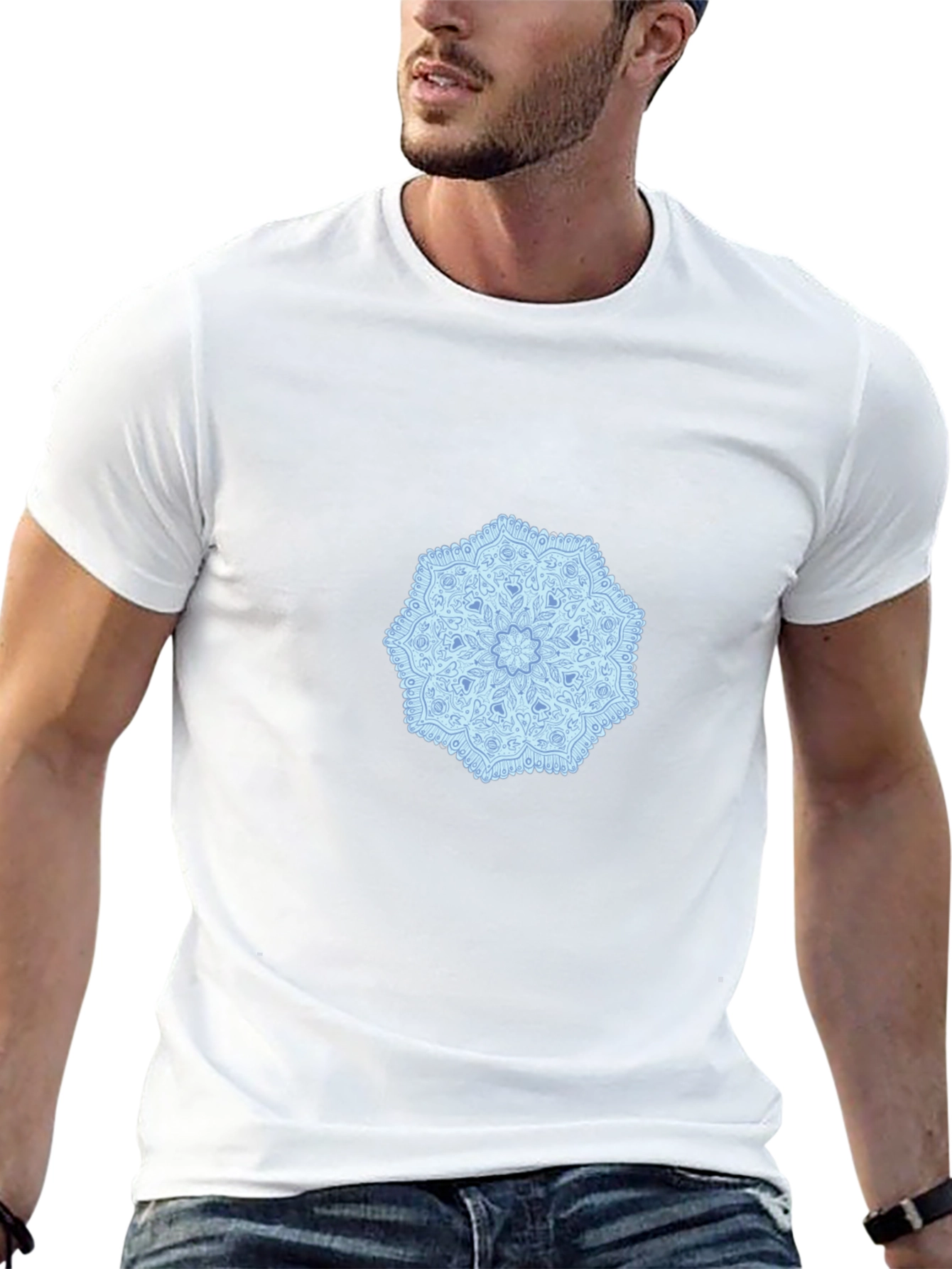 Black Tee with Blue Mandala Design