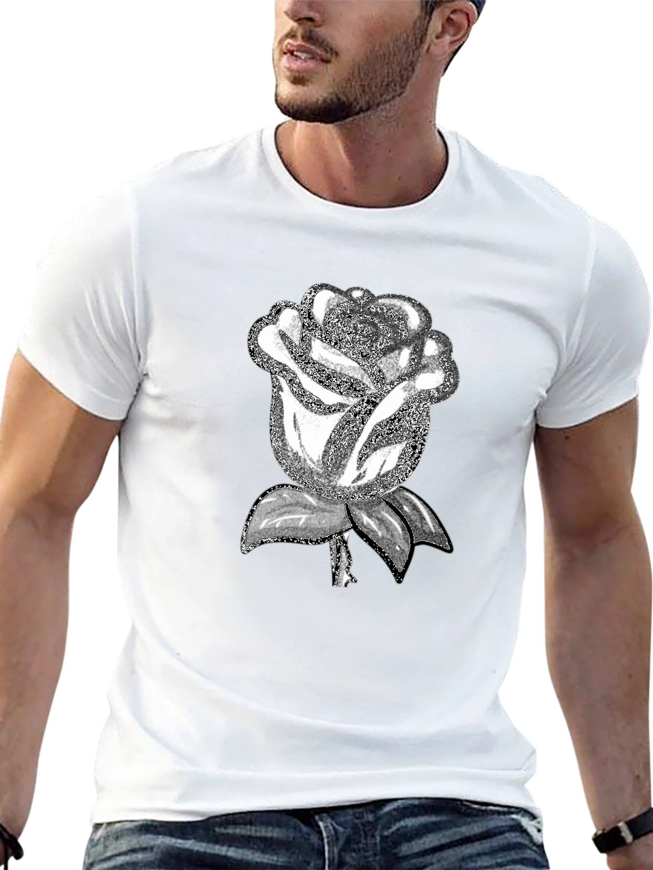 Black T-Shirt with Silver Rose Graphic