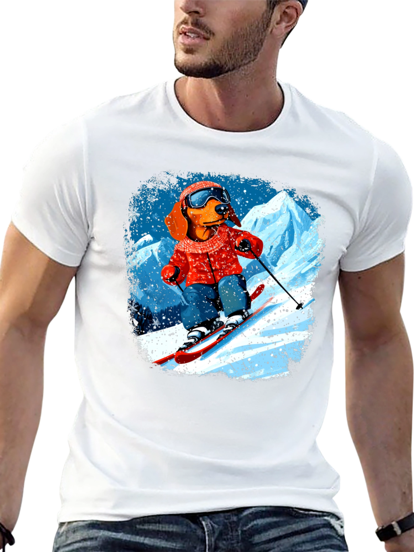 Dog Skiing Graphic Tee - Black Cotton T-Shirt