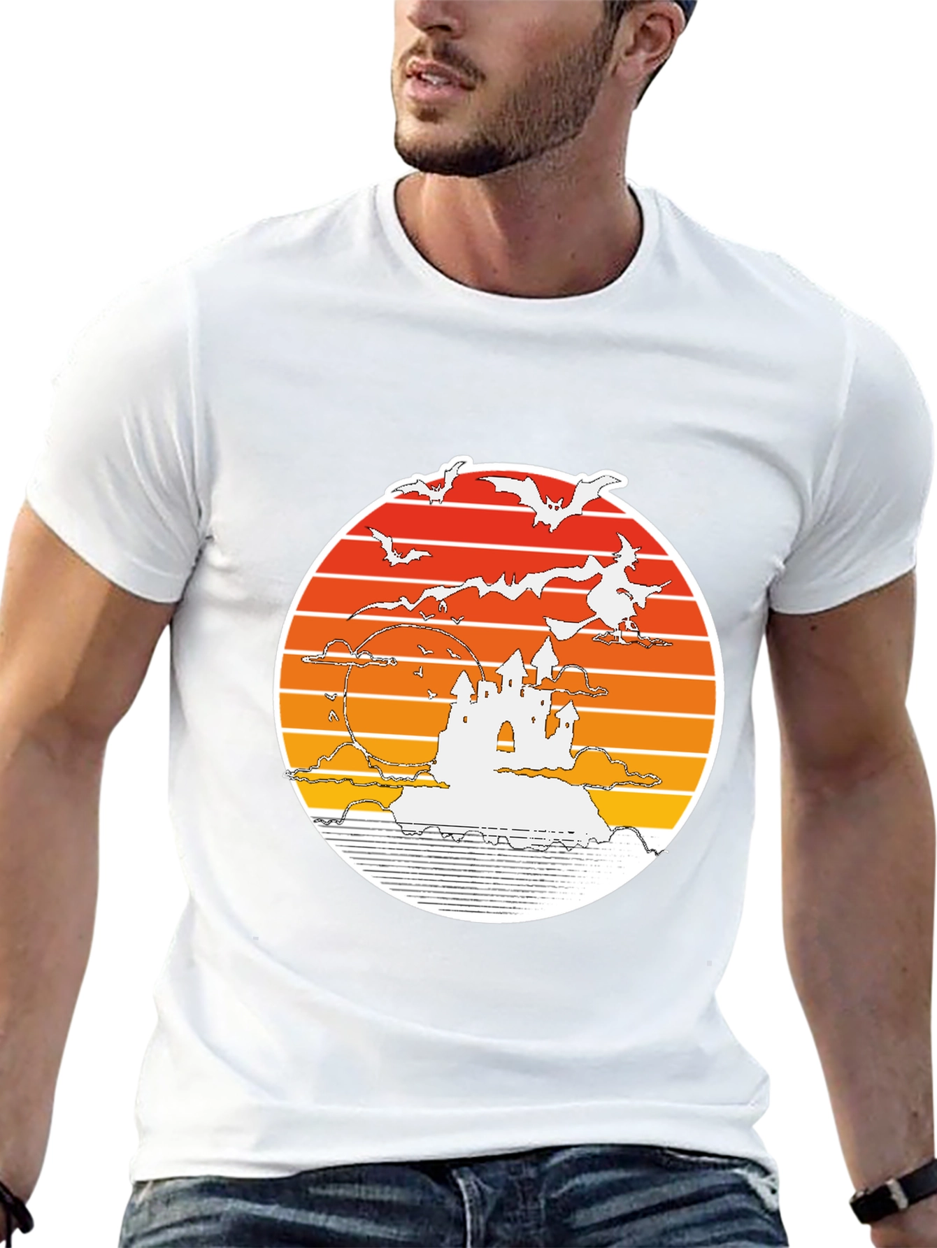 Halloween T-Shirt: Retro Sunset Witch Castle