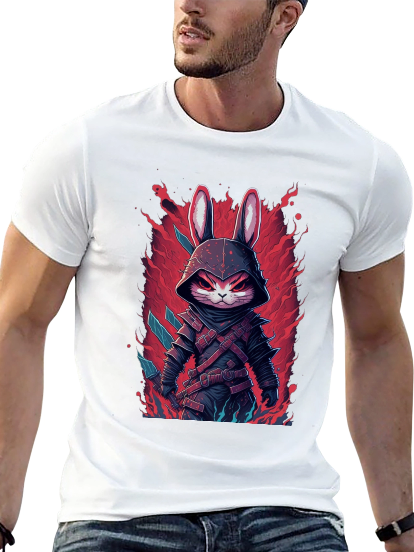 Mens Black T-Shirt with Rabbit Warrior Graphic
