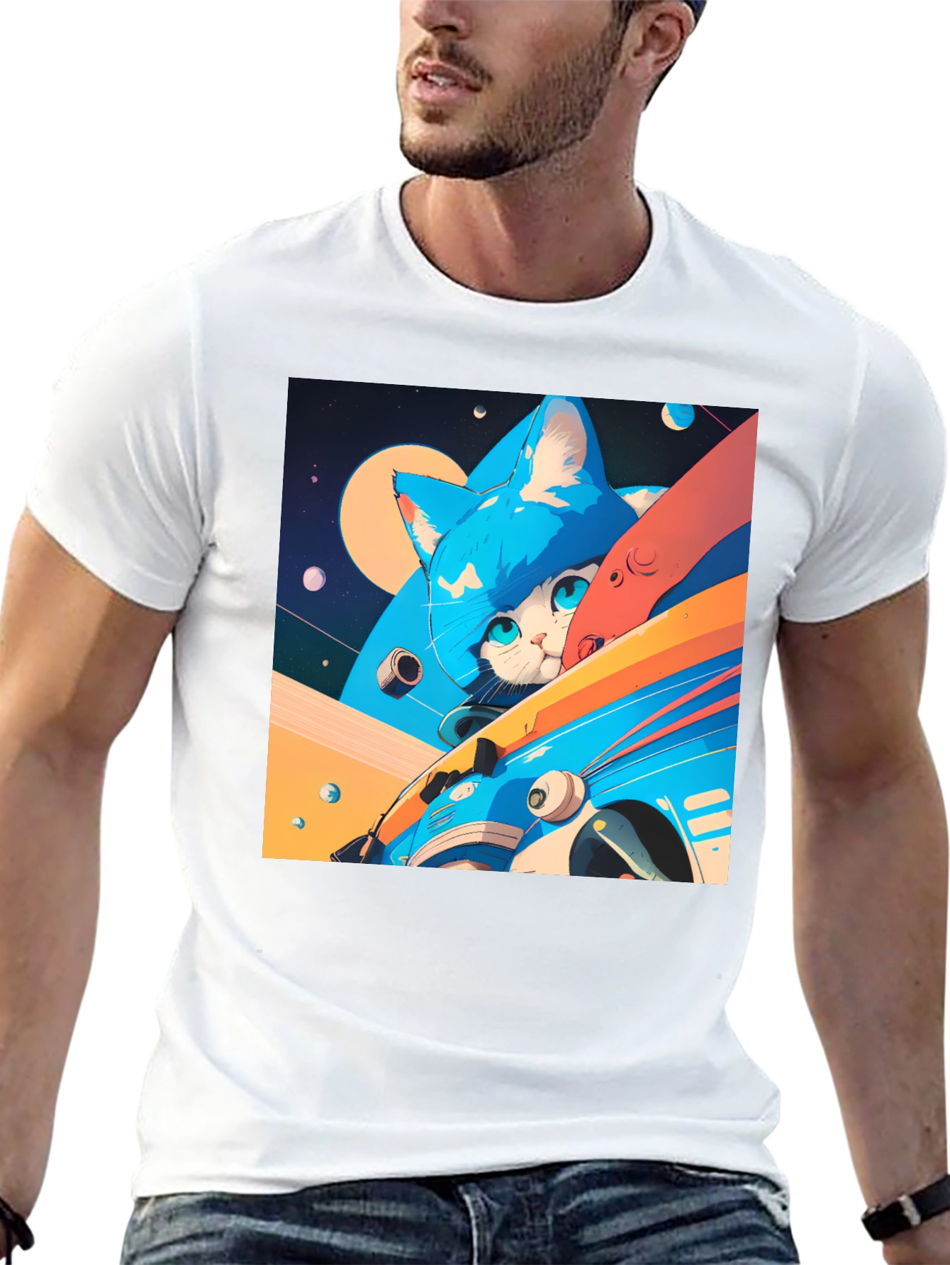 Cosmic Cat Black T-Shirt - Space Adventure