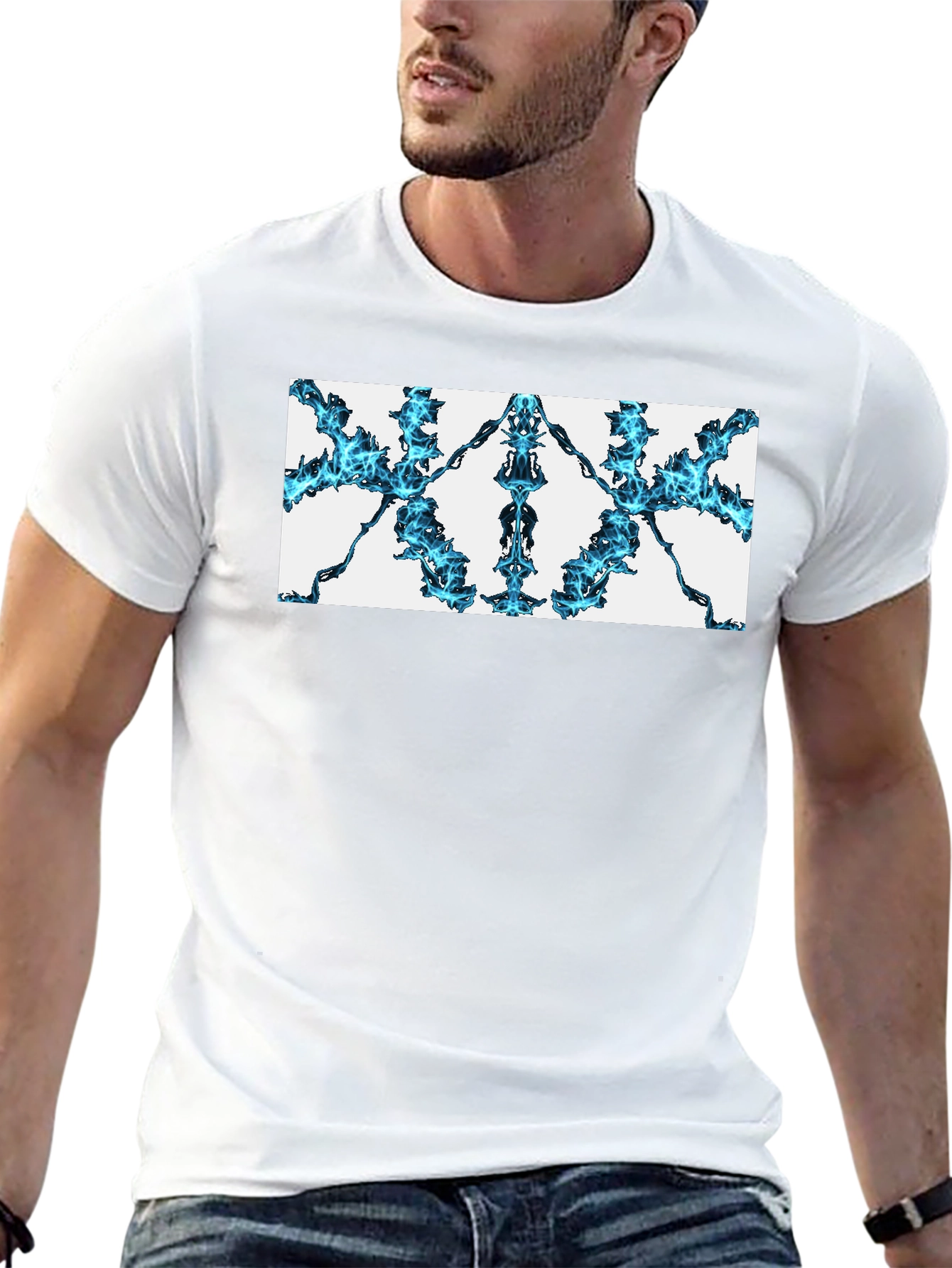 Abstract Blue Flame Graphic Black Tee