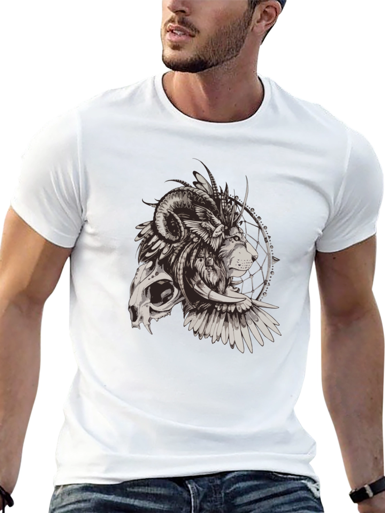 Skull Lion Dreamcatcher Graphic Tee - Mens Black T-Shirt