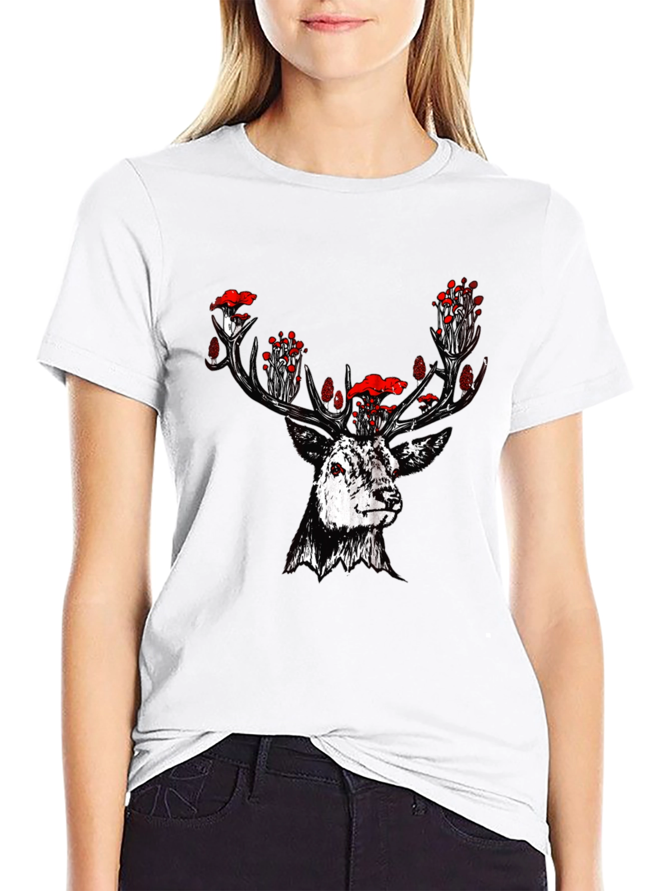Deer Mushroom Graphic Tee - Black Cotton T-Shirt