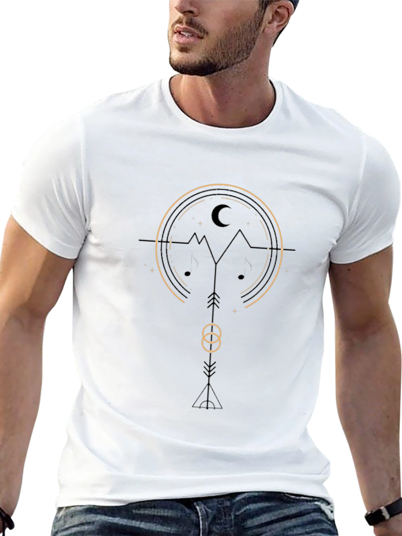 Geometric Mountain & Moon Graphic Tee - Black