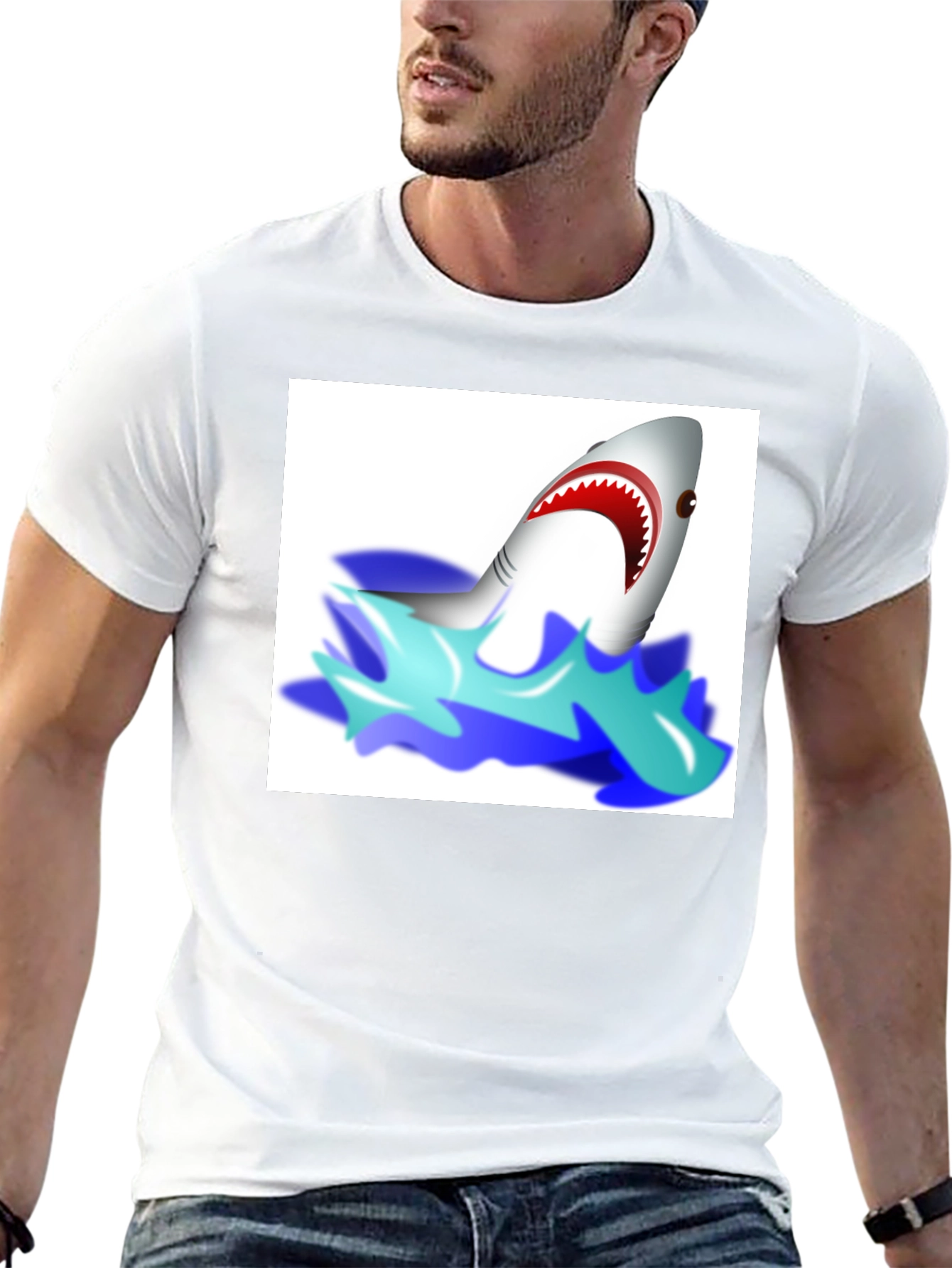 Cartoon Shark Graphic Tee - Black Cotton T-Shirt