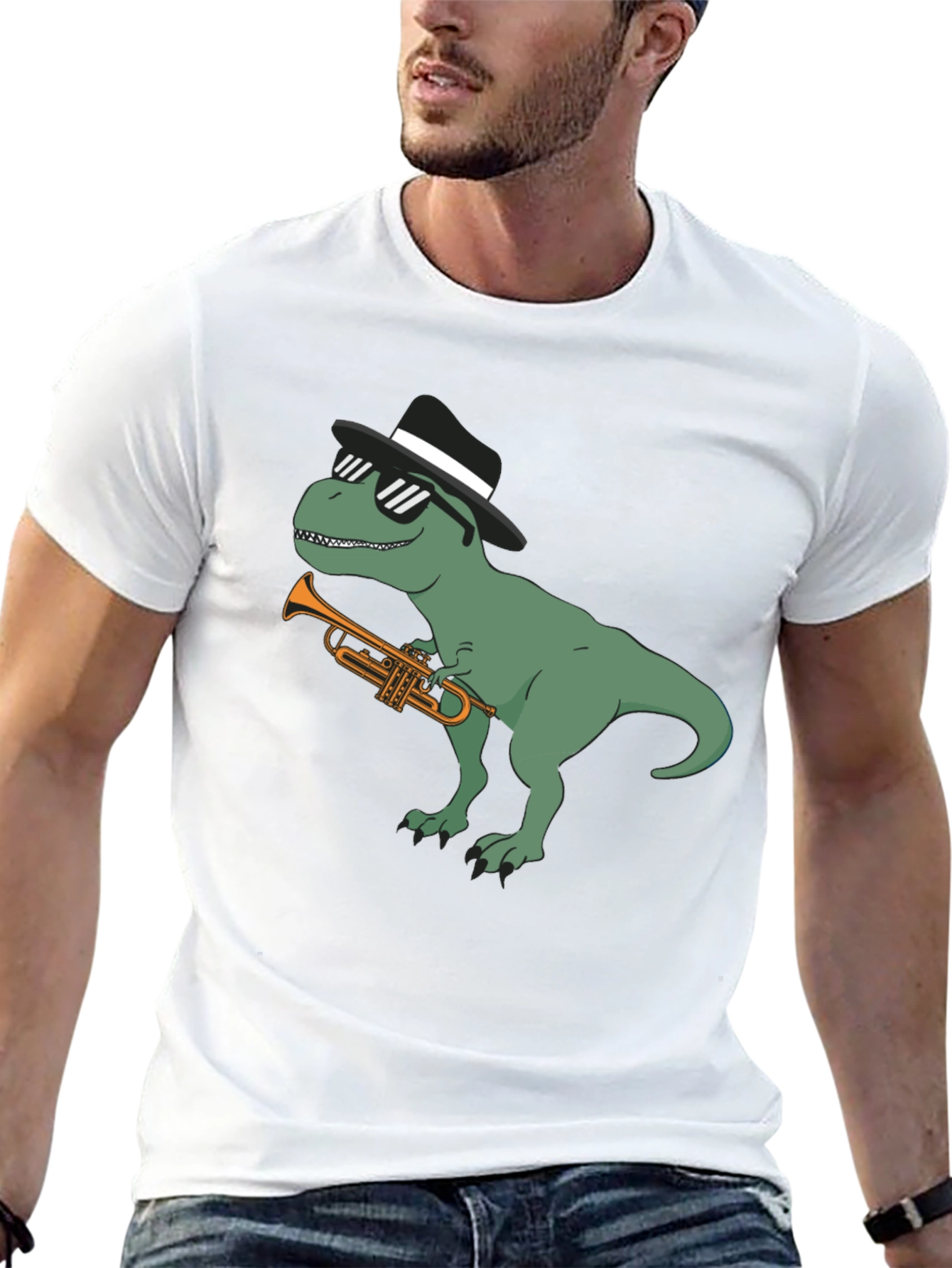 Cool Dinosaur Trumpet Player Graphic T-Shirt