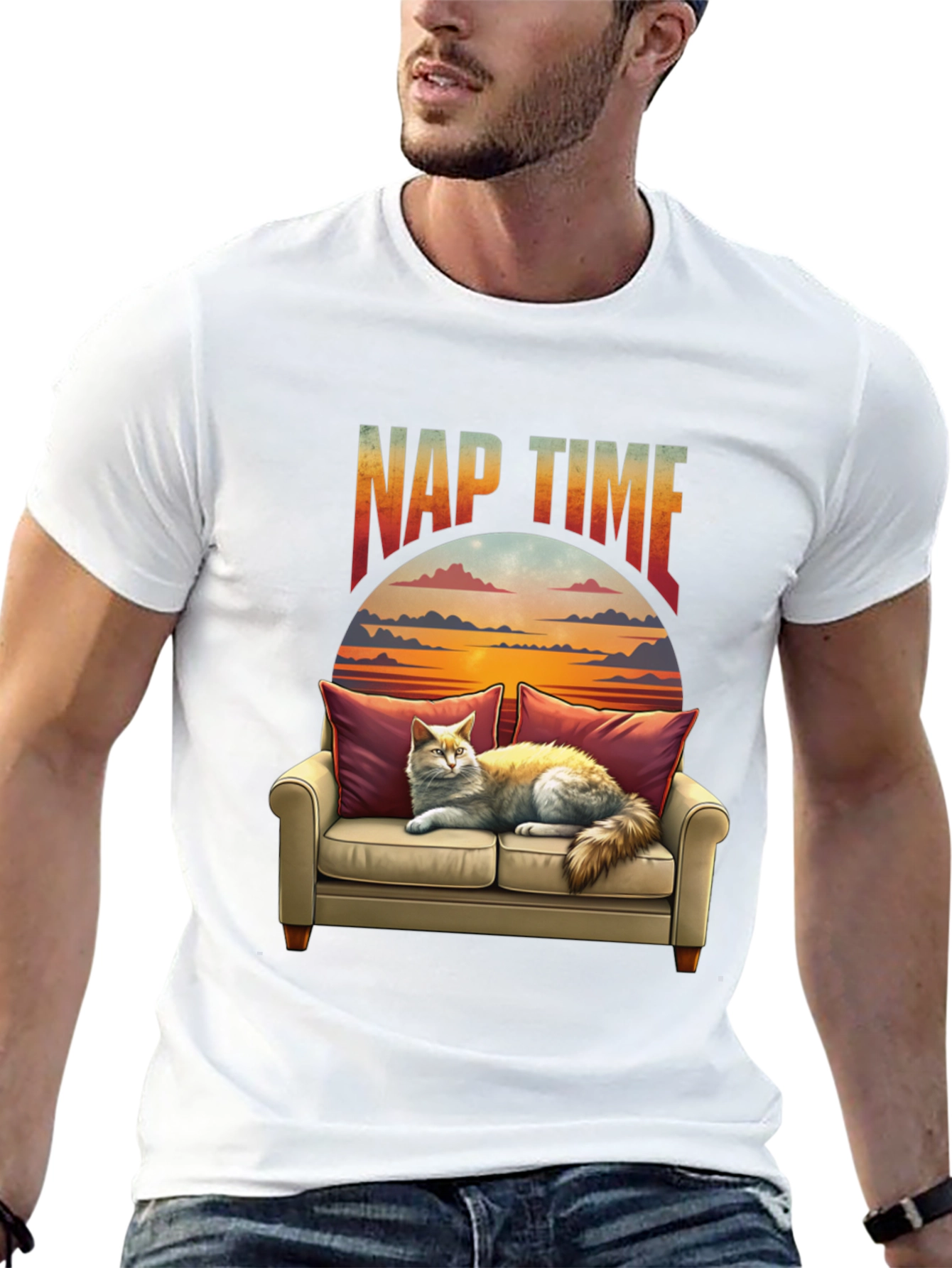 Nap Time Cat on Couch Graphic T-Shirt