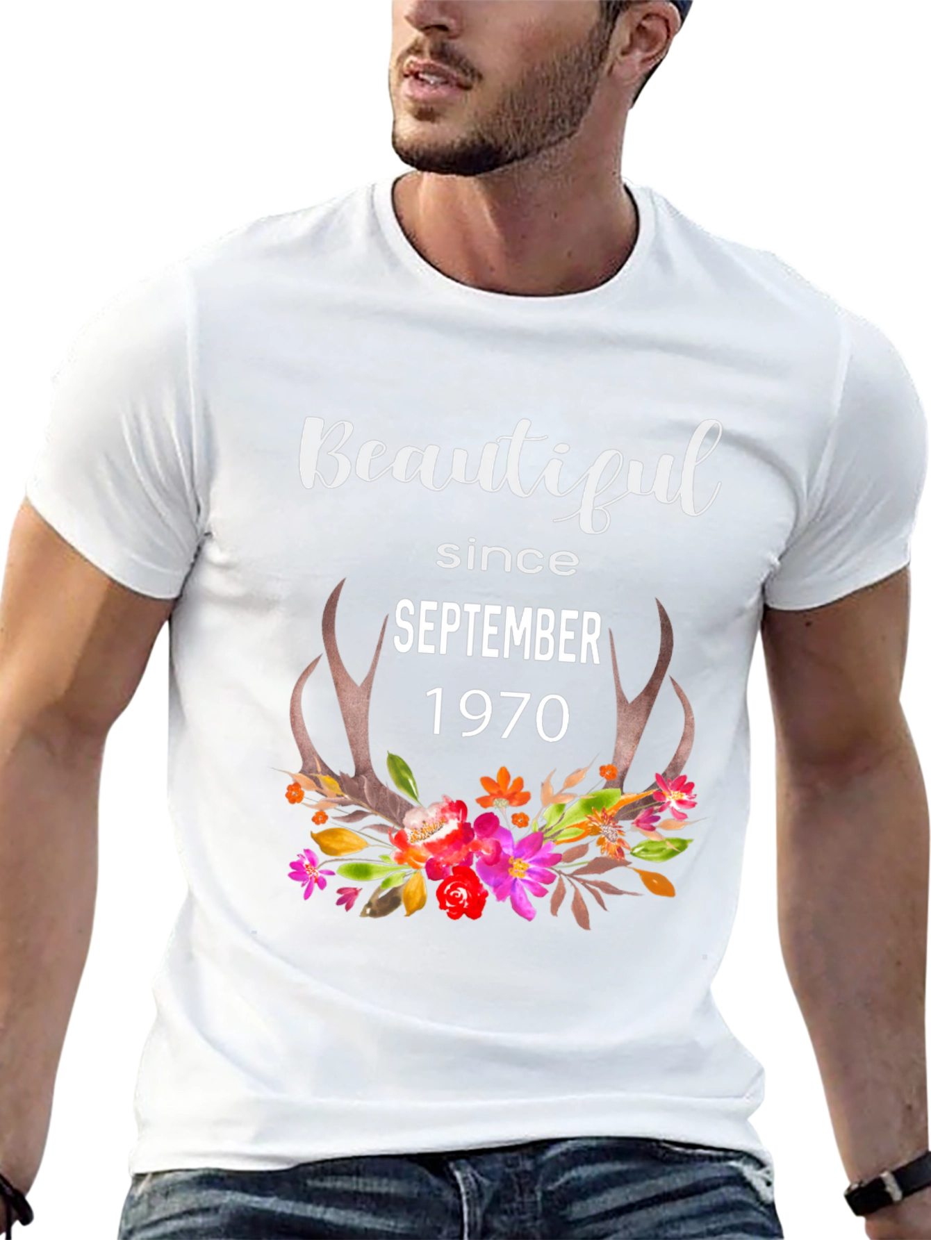 Beautiful Since September 1970 Floral Antler Tee