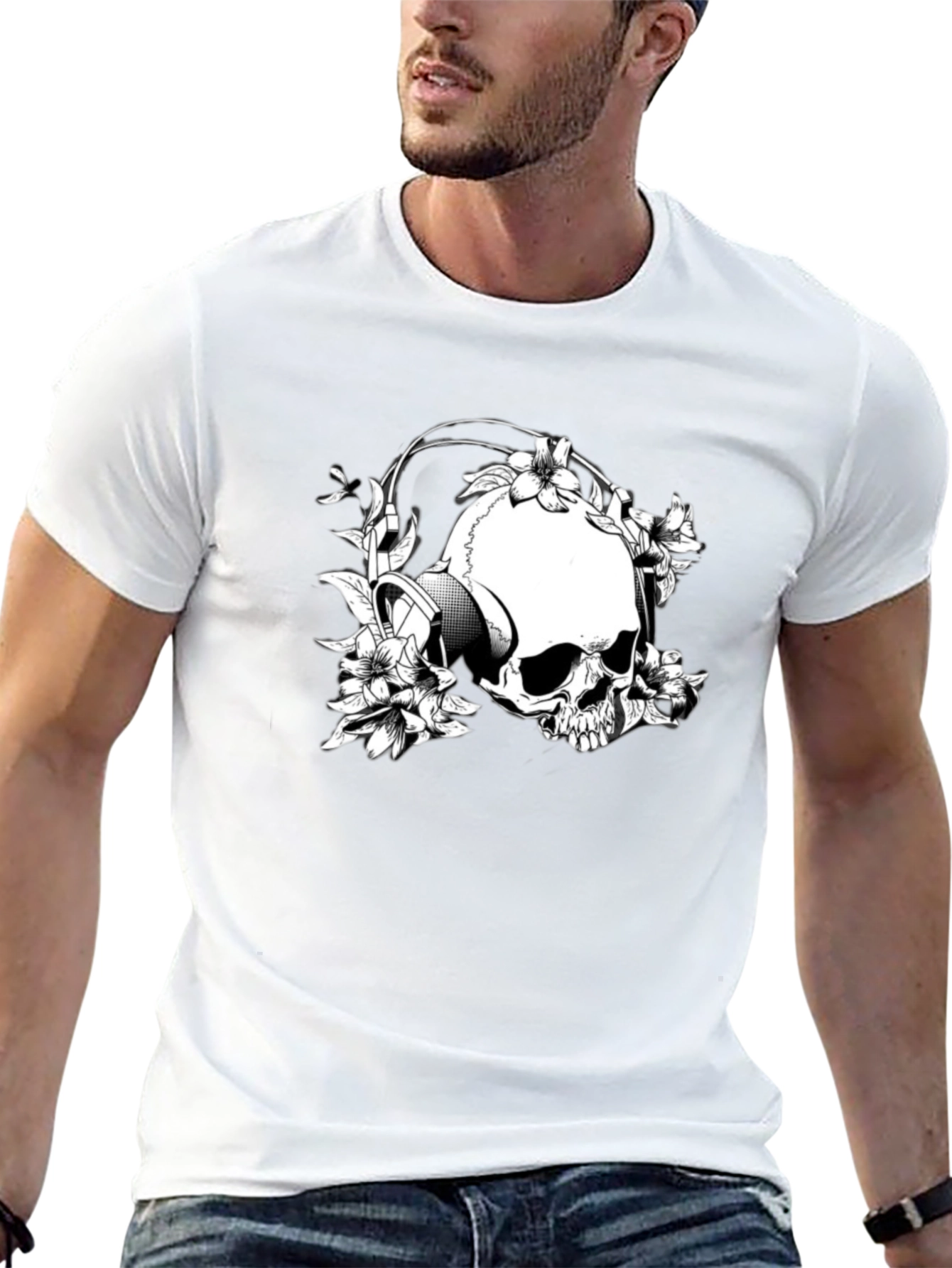 Skull & Flowers Graphic T-Shirt - Black