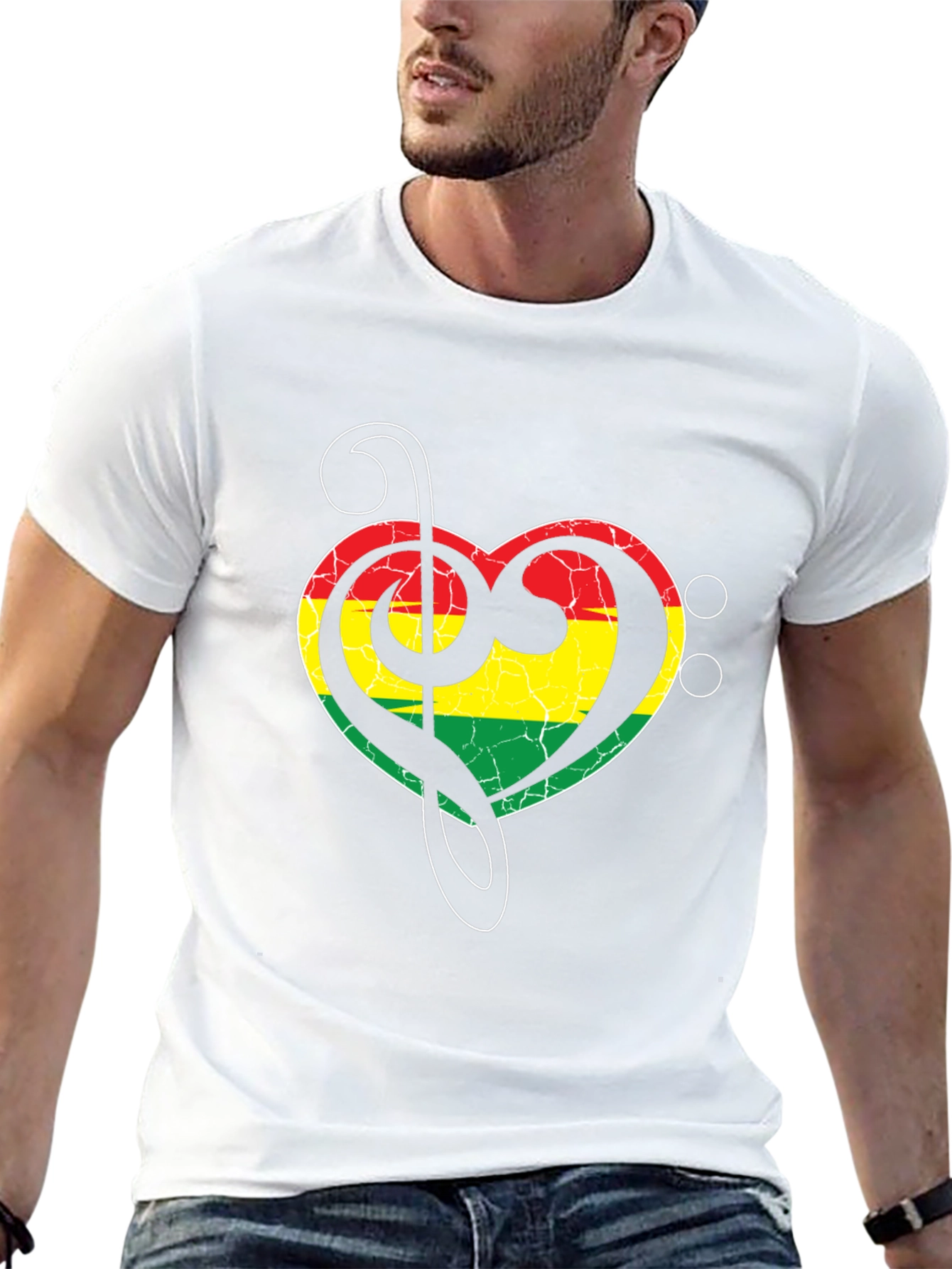 Rasta Heart Treble Clef Mens Black T-Shirt