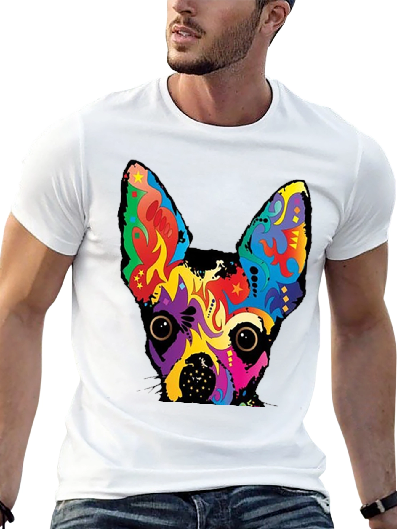Psychedelic Dog Graphic Tee - Bold Black Cotton T-Shirt