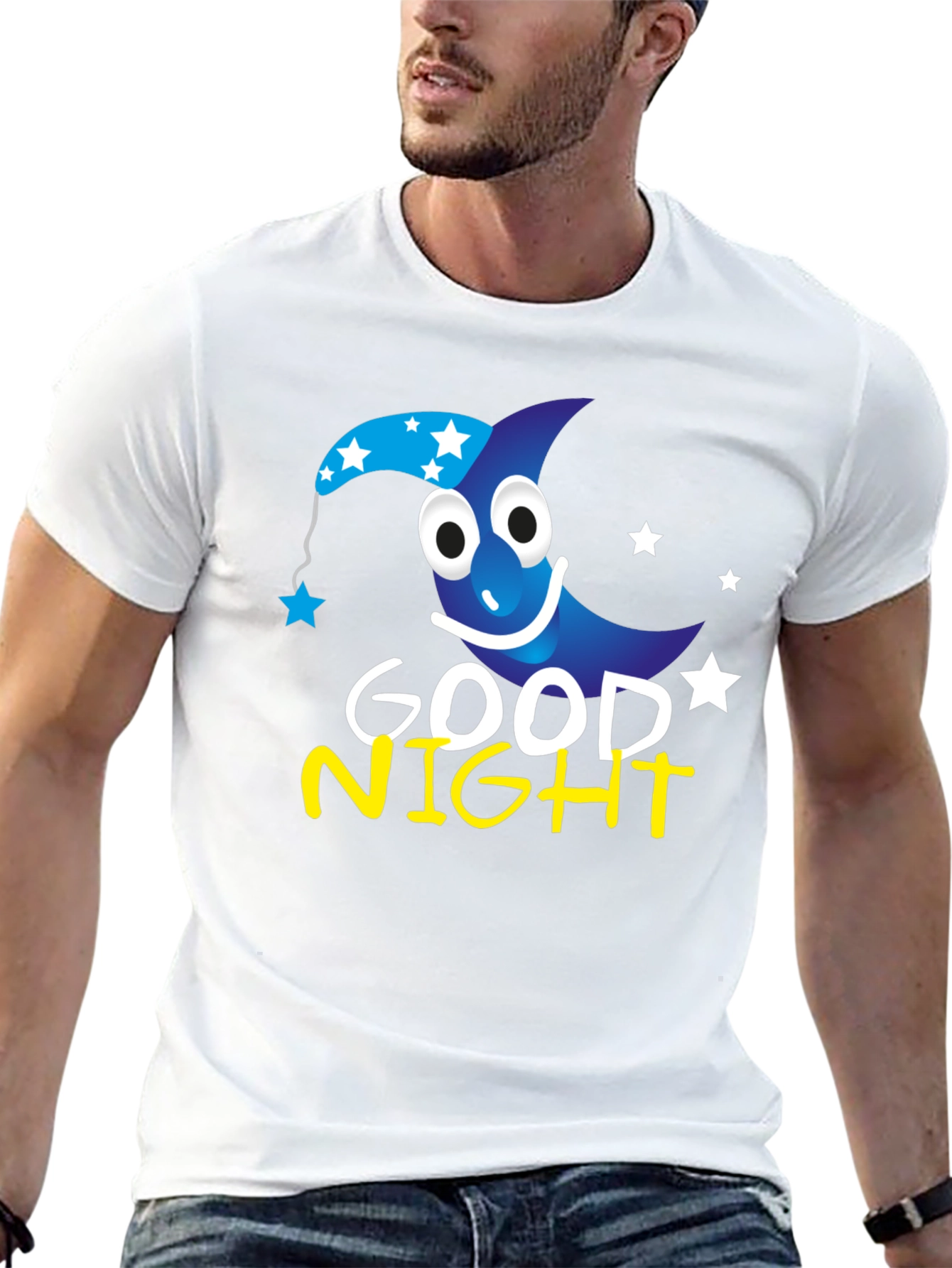 Good Night Cartoon Moon Black T-Shirt