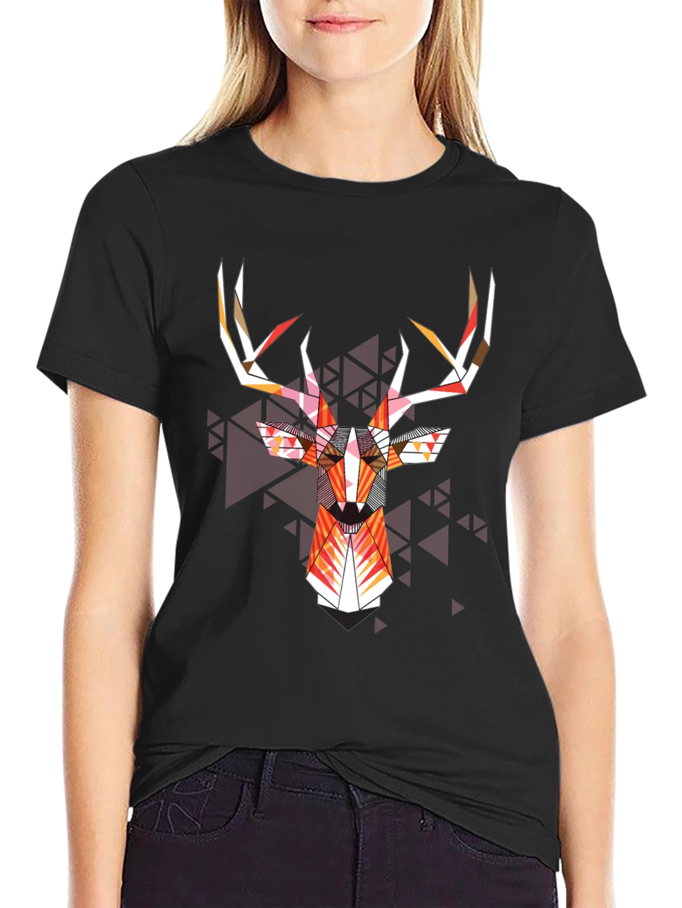 Geometric Deer Head Graphic Tee - Modern Art Shirt