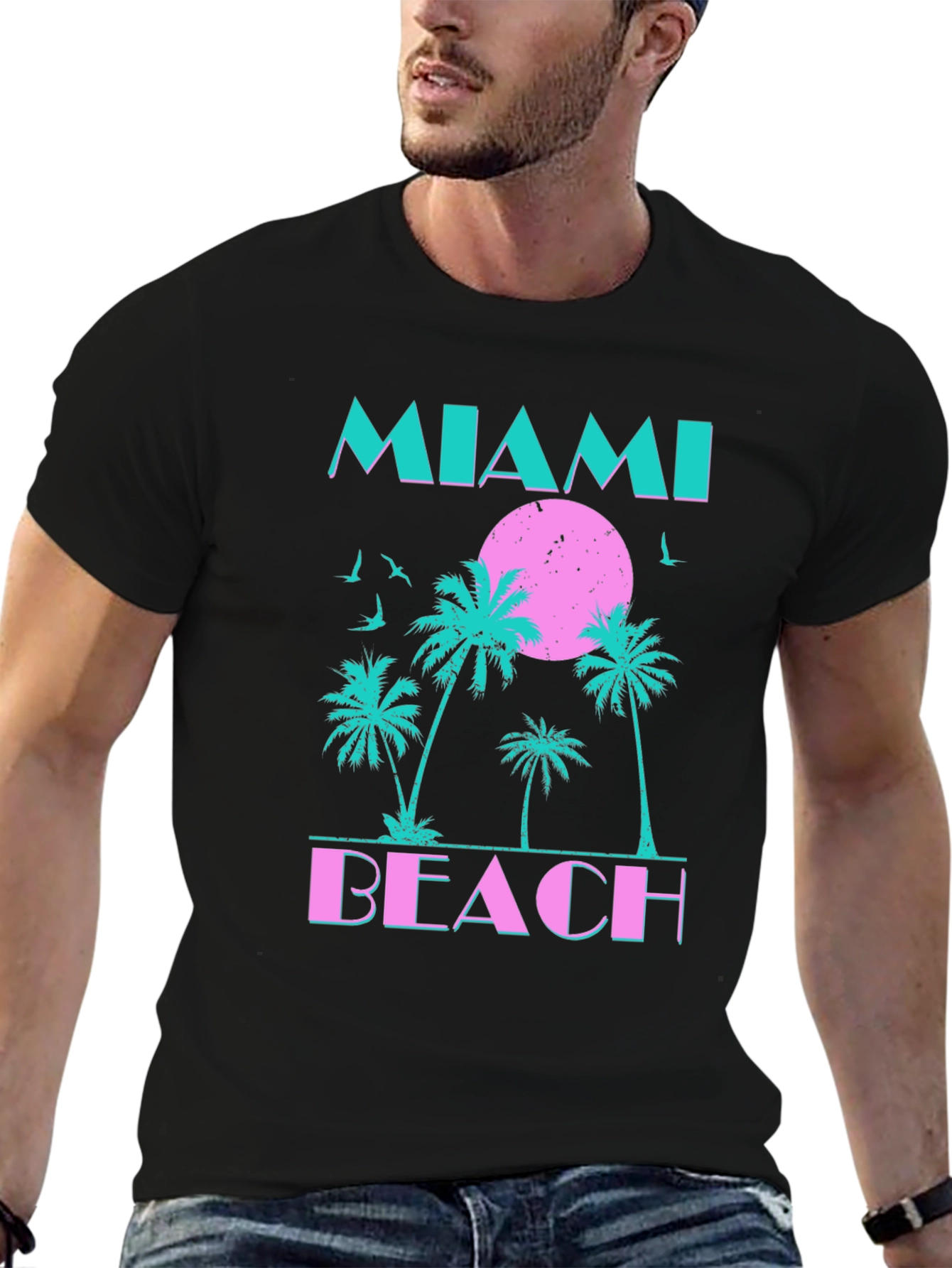Miami Beach Graphic T-Shirt - Retro Palm Tree Design