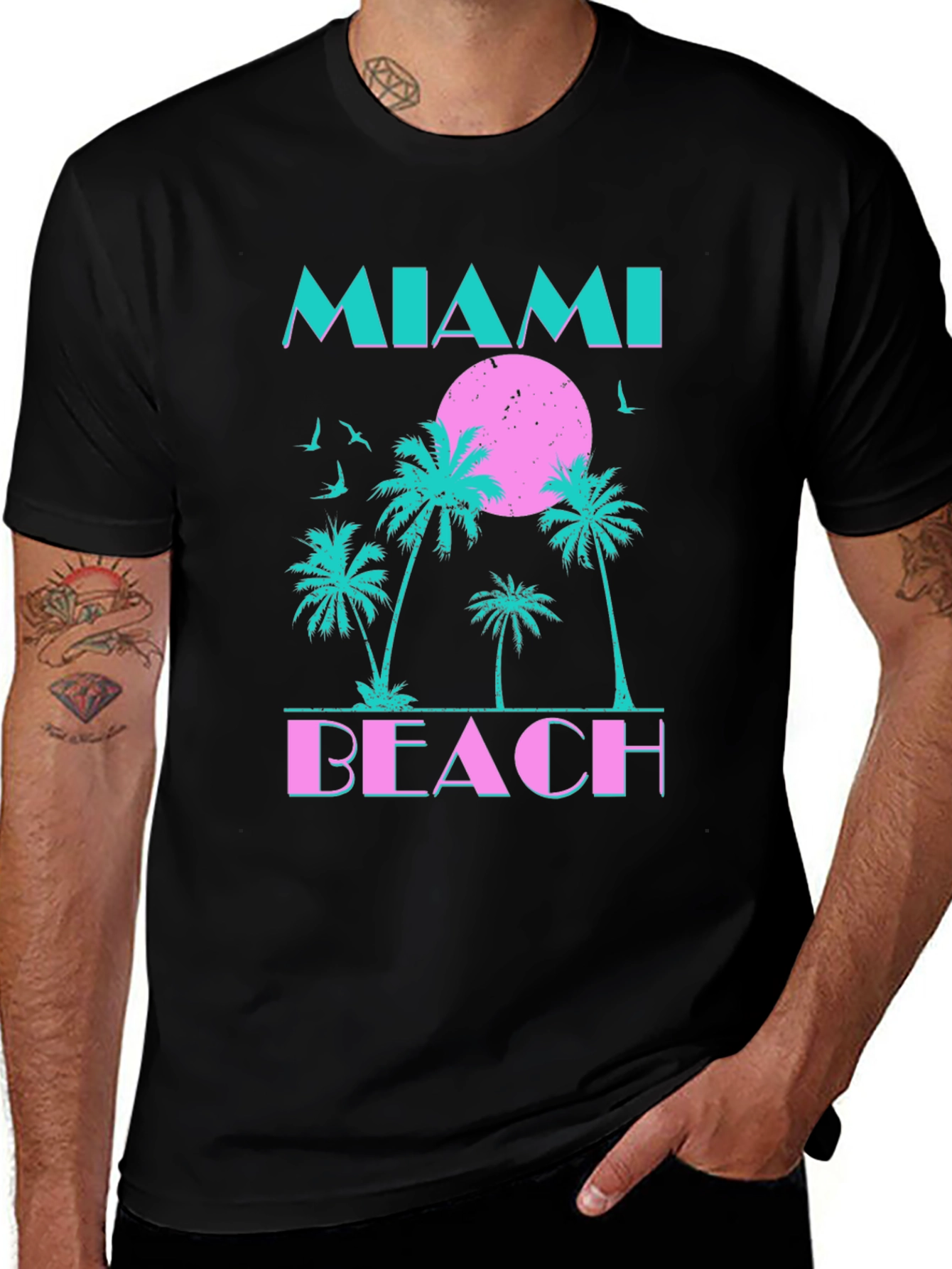Miami Beach Graphic T-Shirt - Retro Palm Tree Design