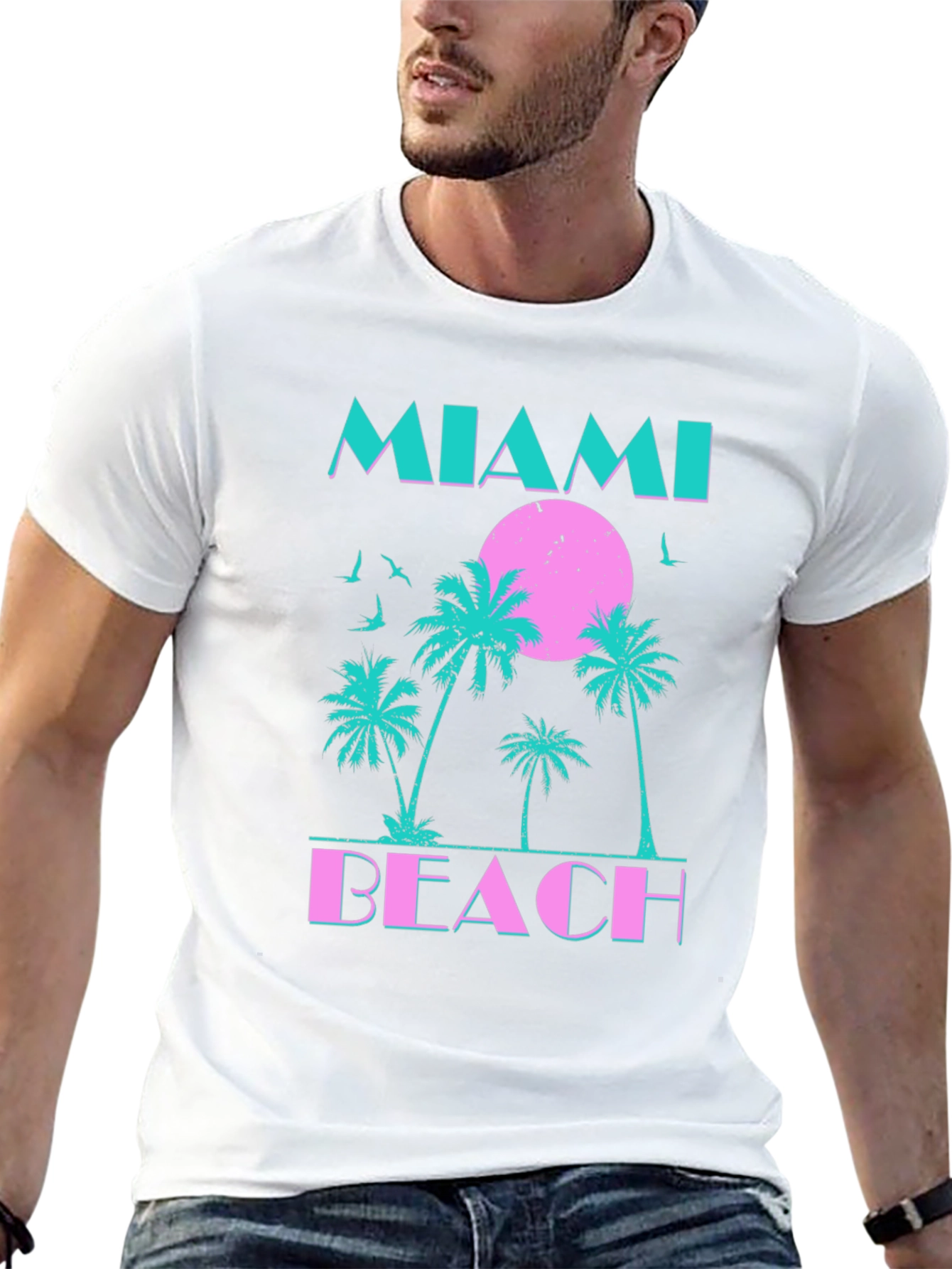 Miami Beach Graphic T-Shirt - Retro Palm Tree Design