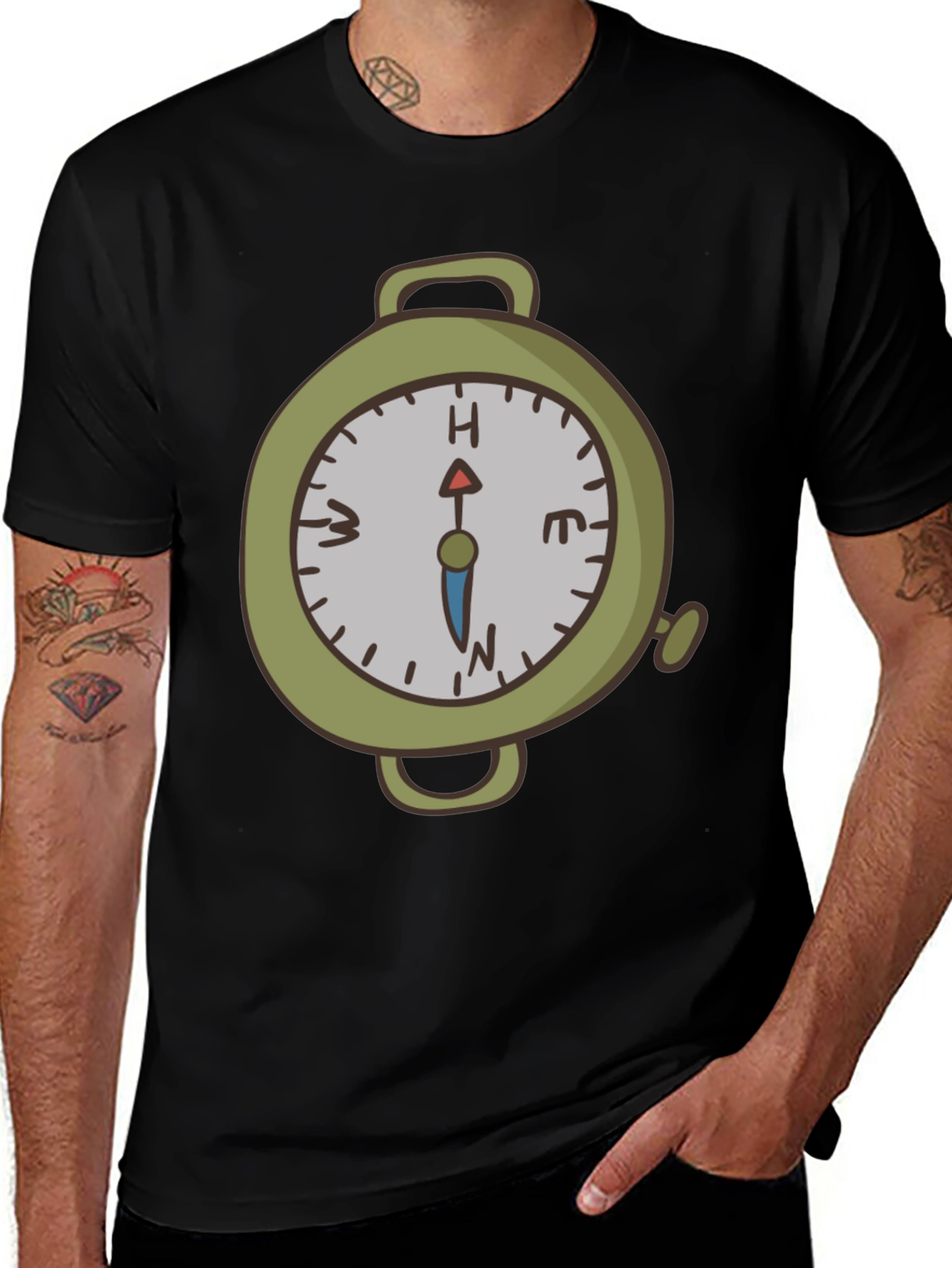 Compass Graphic Print Tee - Black Cotton Blend